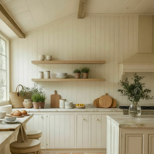 Set of two long oak shelves in an organised, clean kitchen