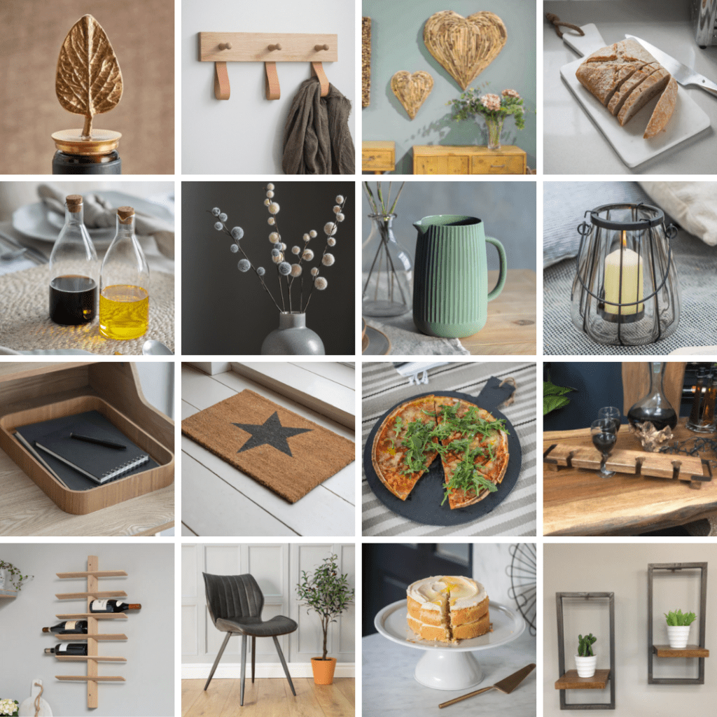 Collage of Gift accessories from a wine rack to cake stand