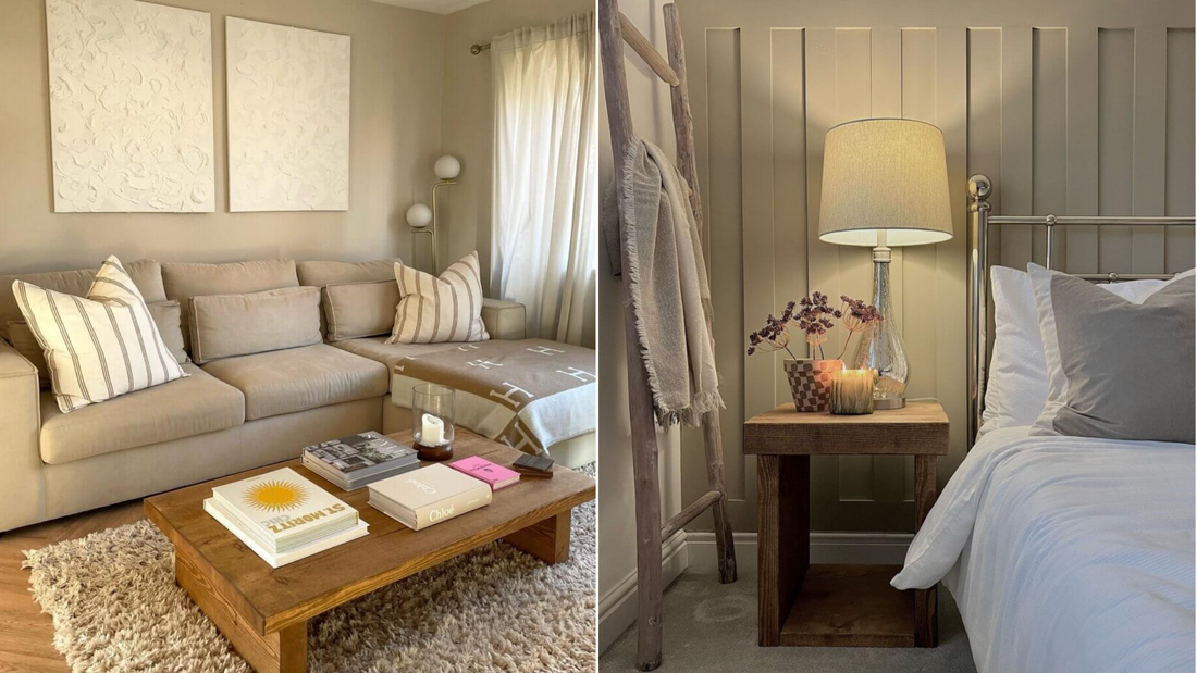 Two images, one shows a beige living room with a wooden coffee table and the other shows a neutral bedroom with a wooden bedside table.