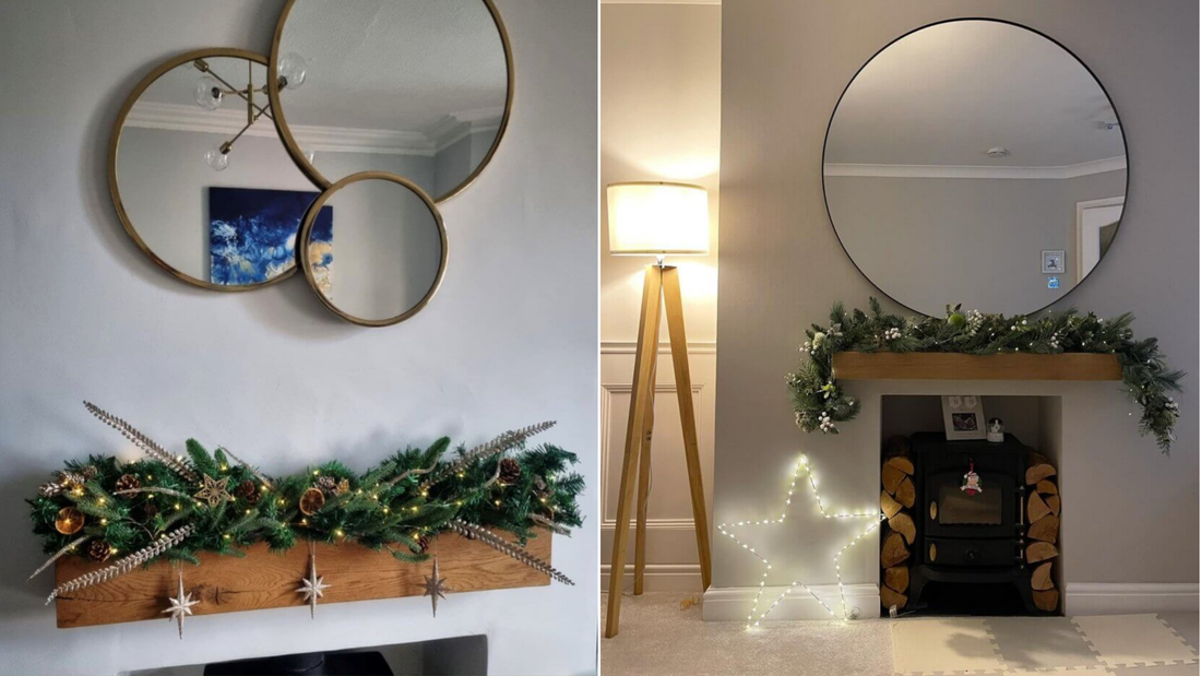 Two Images of Solid Wood Mantel Beams above fireplaces decorated with Christmas Garlands