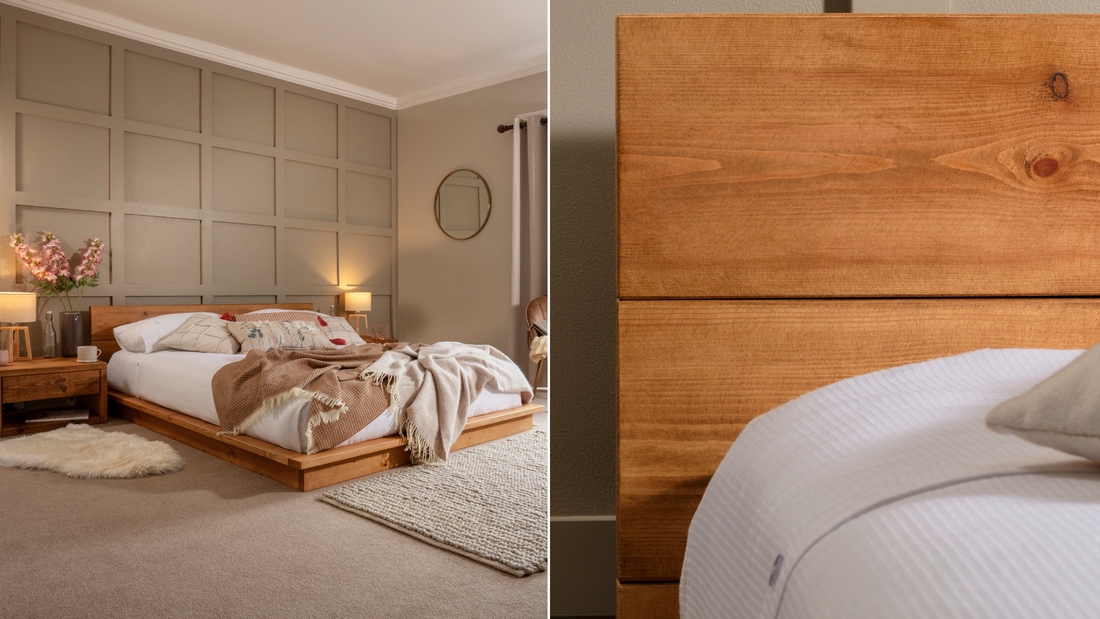 two side by side images of the Stepney bed. this bed is a warm toned, minimalistic bed with a low profile.