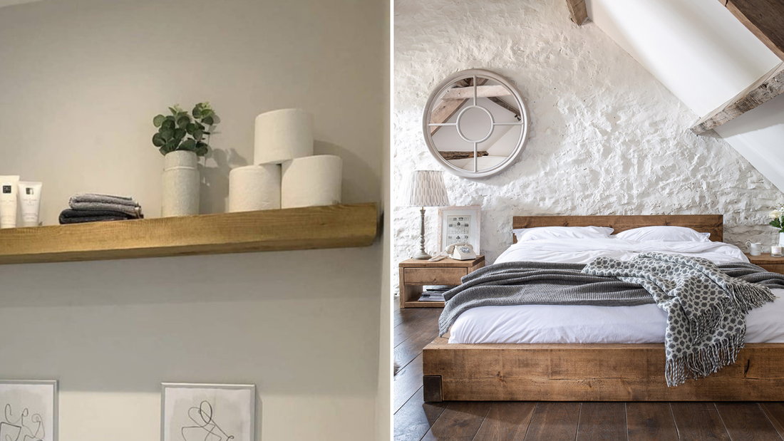 floating shelf in a bathroom and a wooden bed in a bedroom