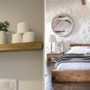 floating shelf in a bathroom and a wooden bed in a bedroom