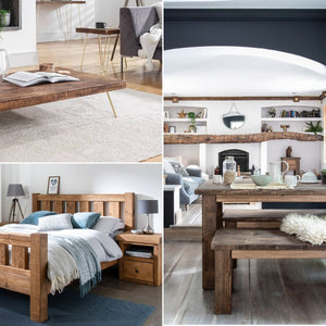 Ouseburn Low Coffee Table, Derwent Bed Frame, and Coleridge Dining Table