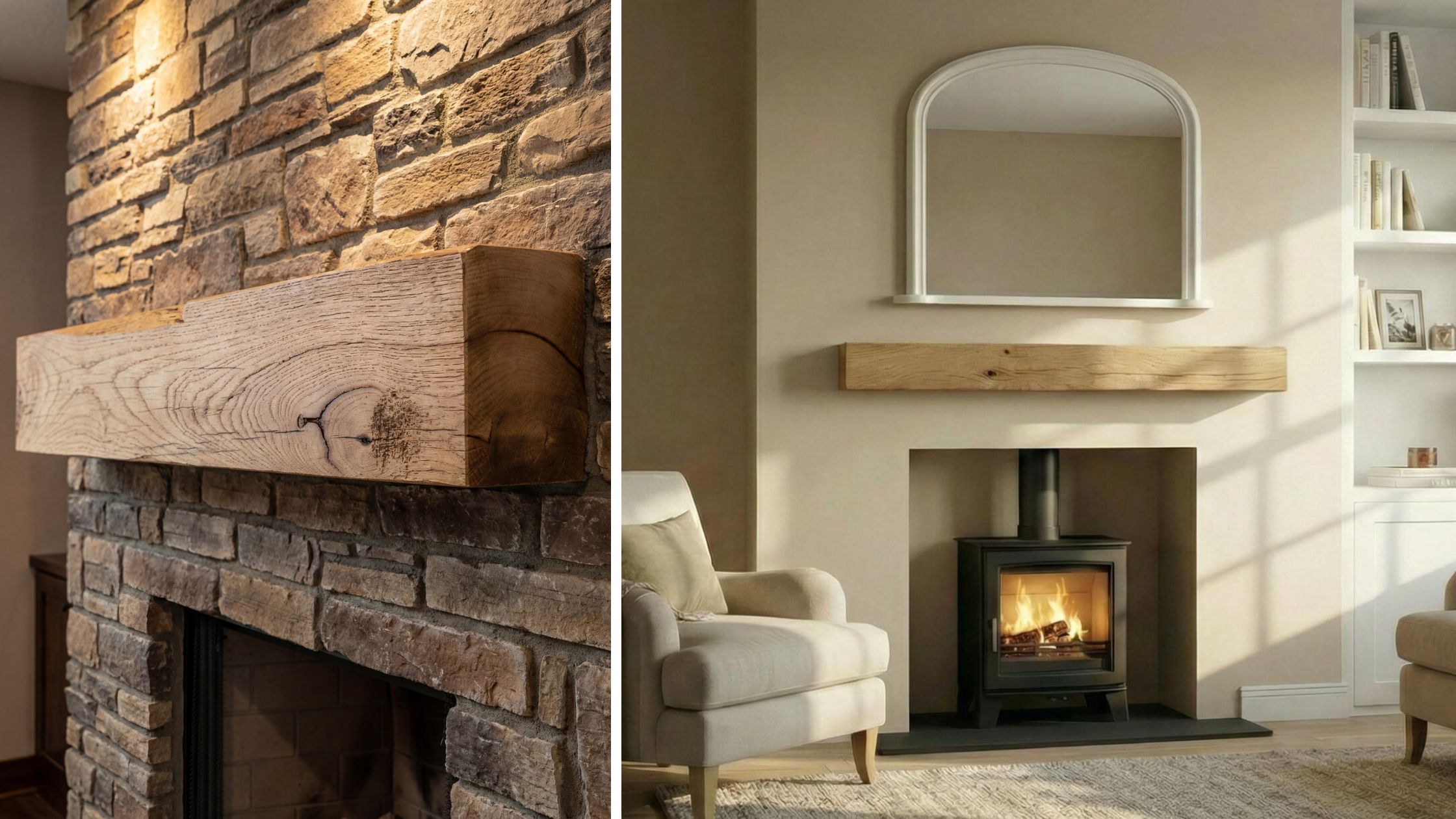 Two images of mantel beams above fireplaces