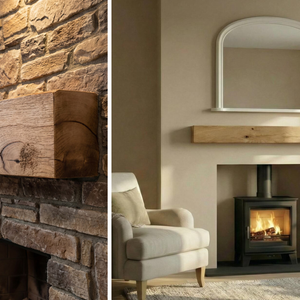 Two images of mantel beams above fireplaces
