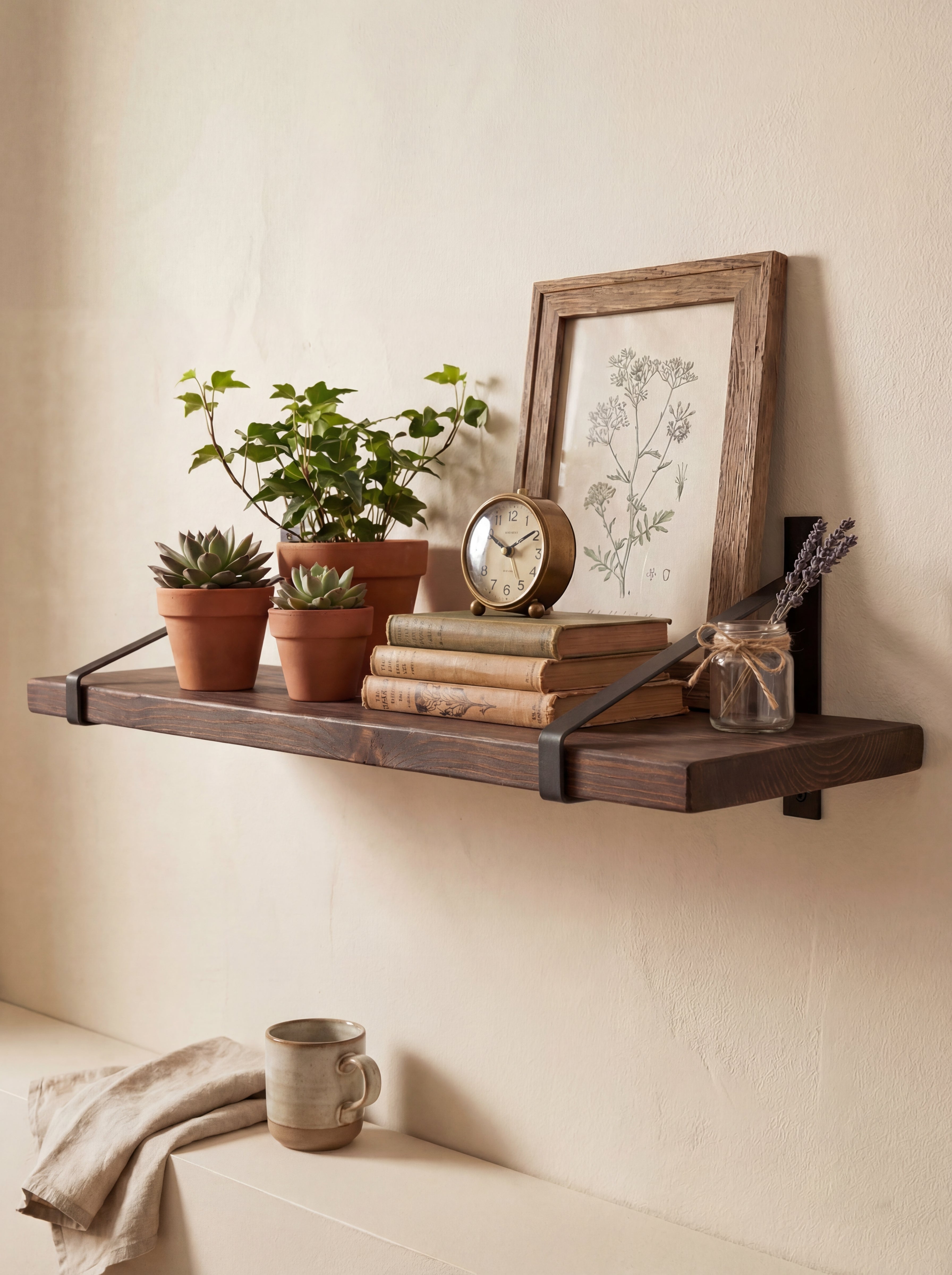 Armstrong Rustic Wooden Shelf with Brackets - 22cm x 3.5cm - Bracketed Shelves