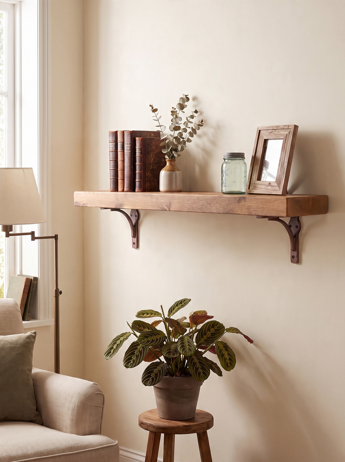 Birtley Copper Rustic Wooden Shelf with Brackets - 14.5cm x 4.5cm