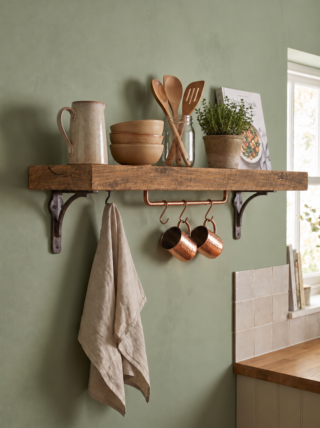 Birtley Iron Solid Wood Shelf & Brackets - 8x2 Oak Shelf (19x4cm) - Bracketed Shelves
