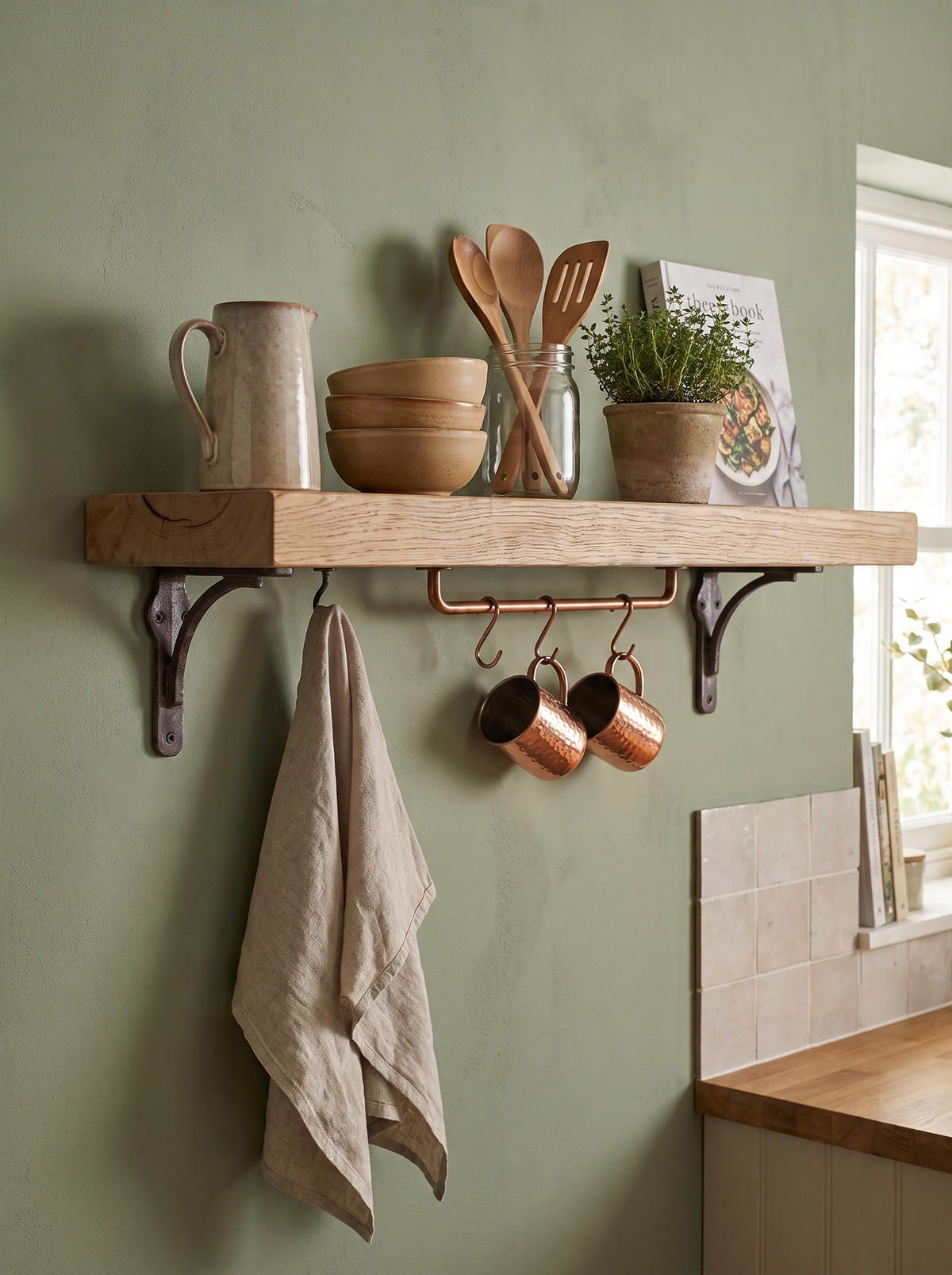 Birtley Iron Solid Wood Shelf & Brackets - 8x2 Oak Shelf (19x4cm) - Bracketed Shelves