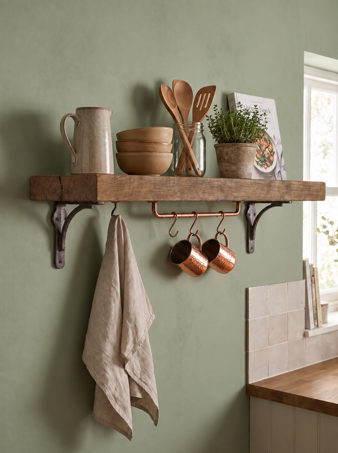 Birtley Iron Solid Wood Shelf & Brackets - 8x2 Oak Shelf (19x4cm) - Bracketed Shelves