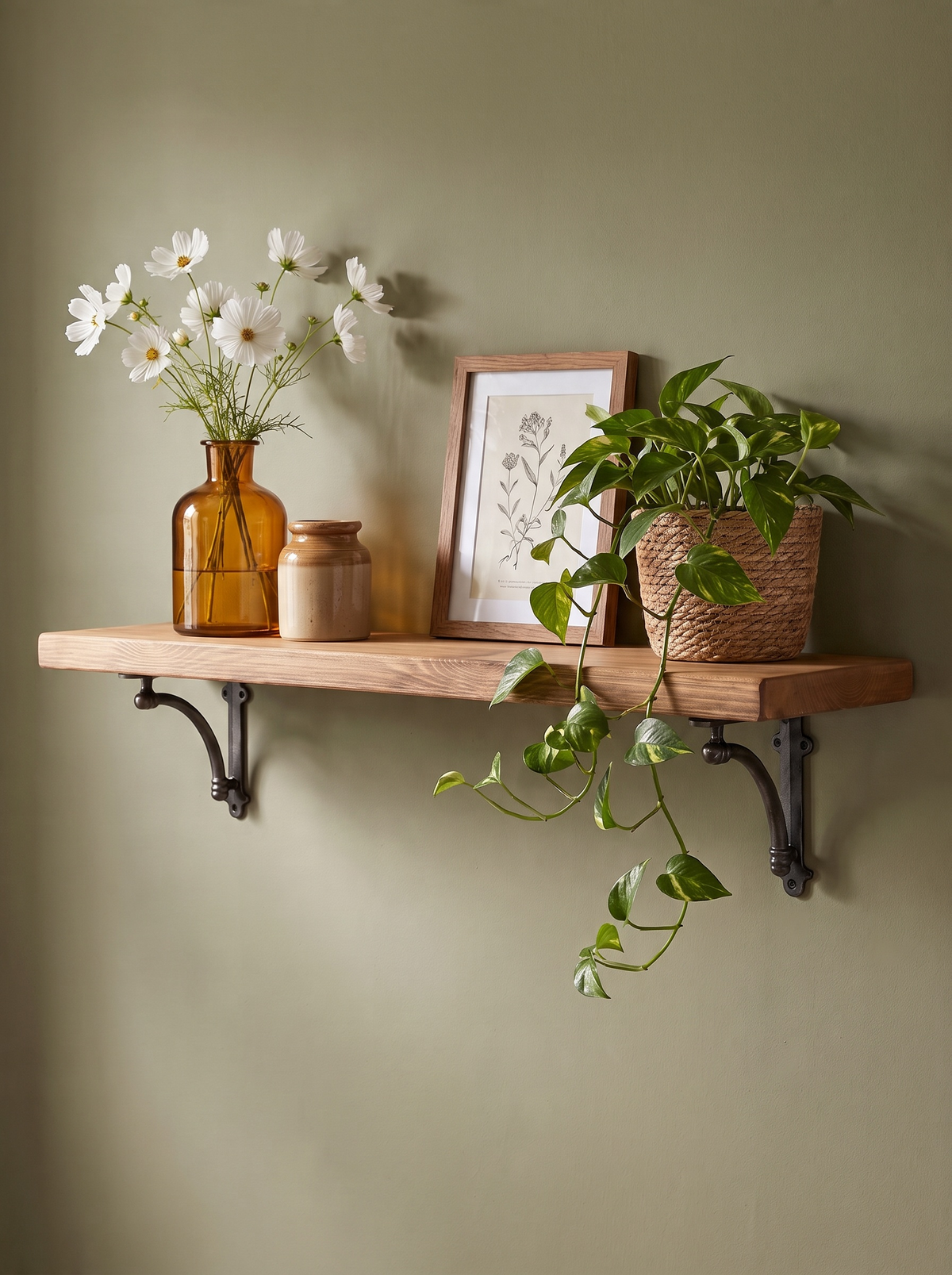 Causey Rustic Wooden Shelf with Brackets - 22cm x 3.5cm