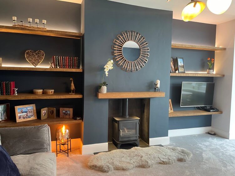 Mantel beam above fireplace