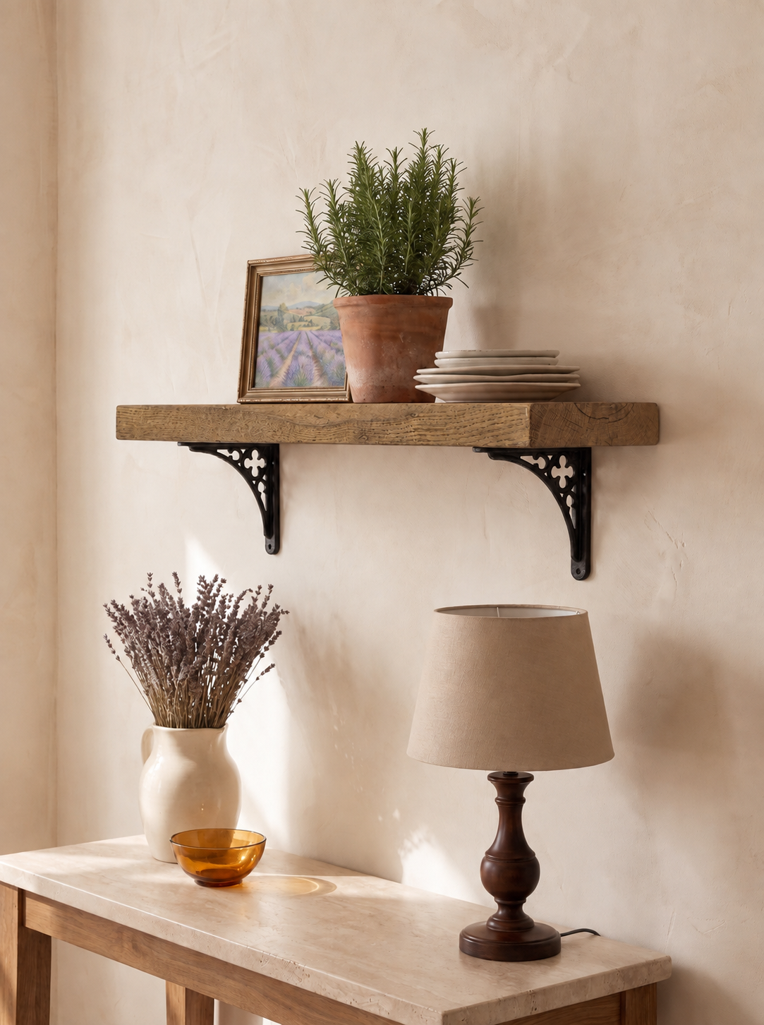 Lindisfarne Solid Wood Shelf & Brackets - 8x2 Oak Shelf (19x4cm) - Bracketed Shelves