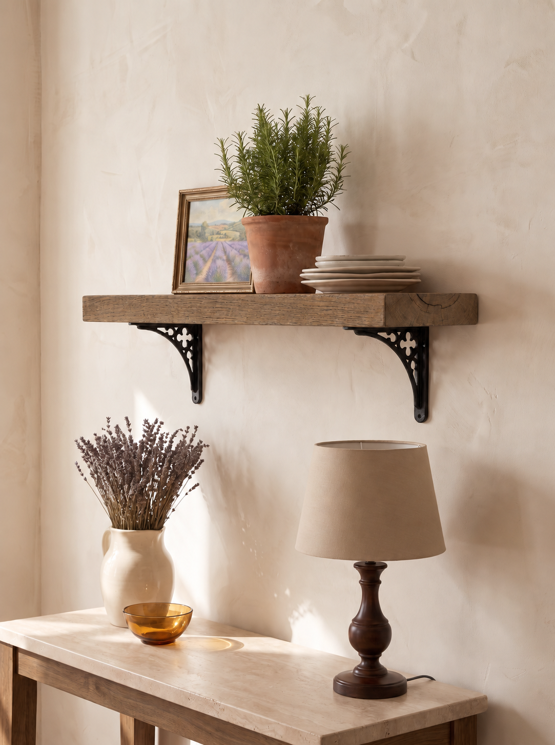 Lindisfarne Solid Wood Shelf & Brackets - 8x2 Oak Shelf (19x4cm) - Bracketed Shelves