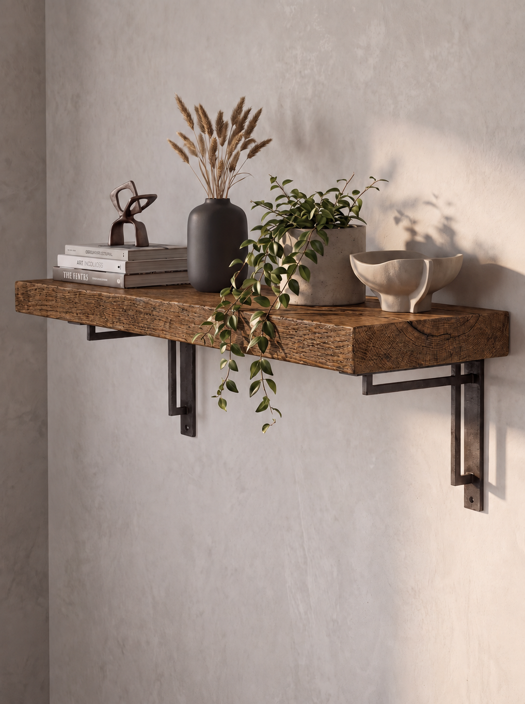 Regent Solid Shelf with Metal Brackets - 8x2 Oak Shelf (19x4cm) - Bracketed Shelves