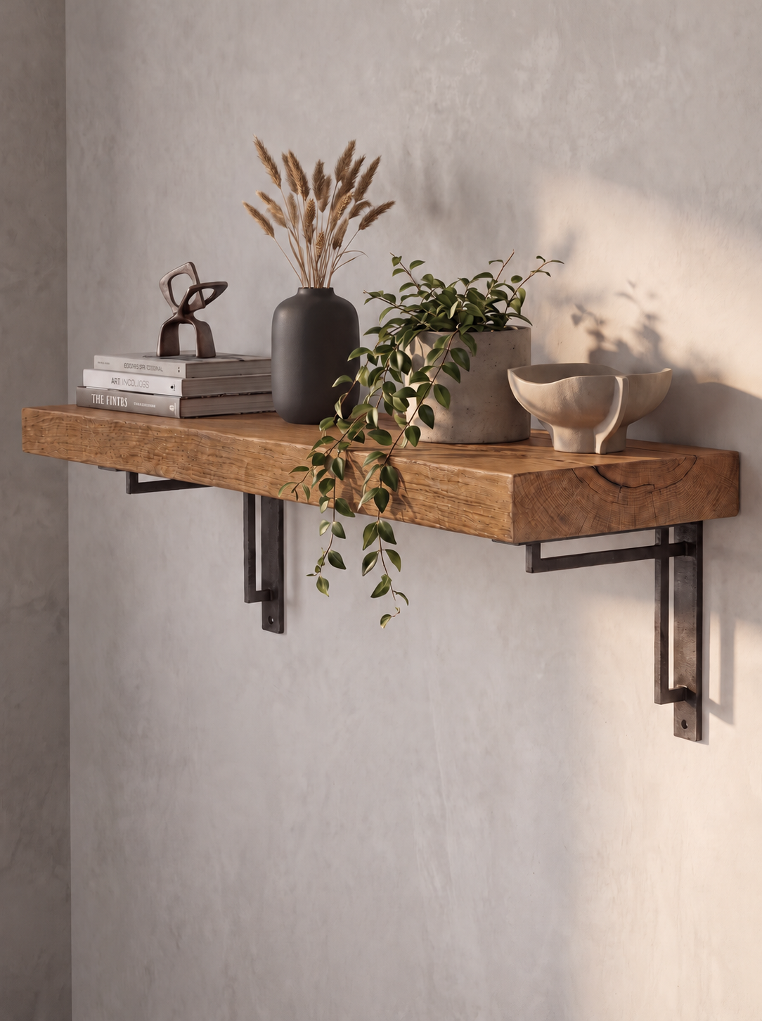 Regent Solid Shelf with Metal Brackets - 8x2 Oak Shelf (19x4cm) - Bracketed Shelves
