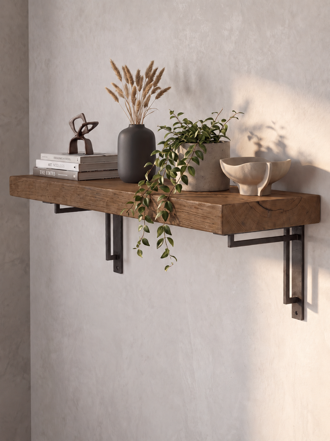 Regent Solid Shelf with Metal Brackets - 8x2 Oak Shelf (19x4cm) - Bracketed Shelves