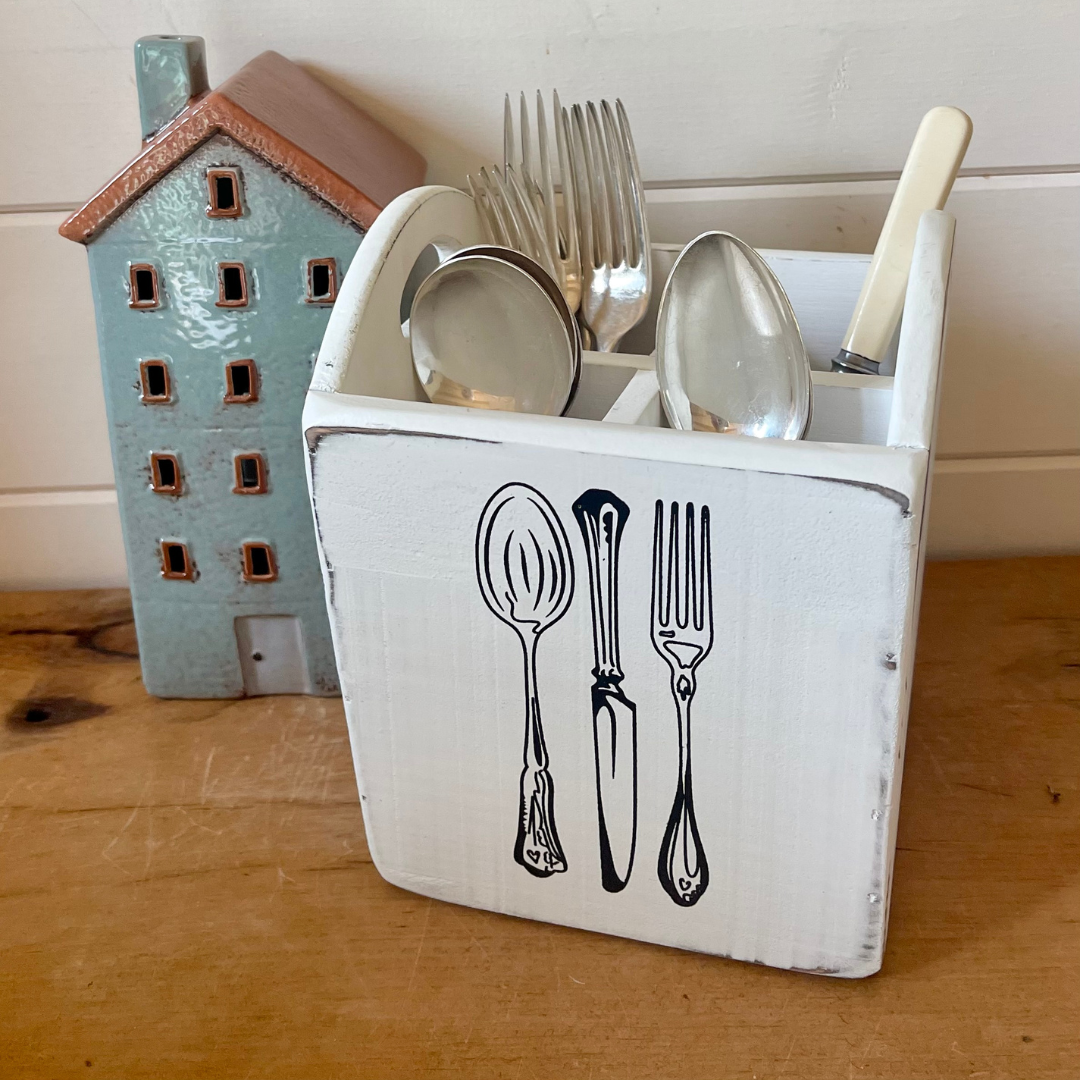 White Wooden Cutlery Box -