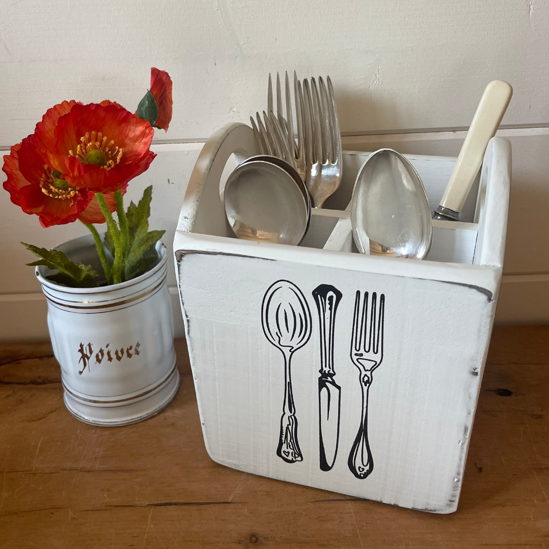 White Wooden Cutlery Box -