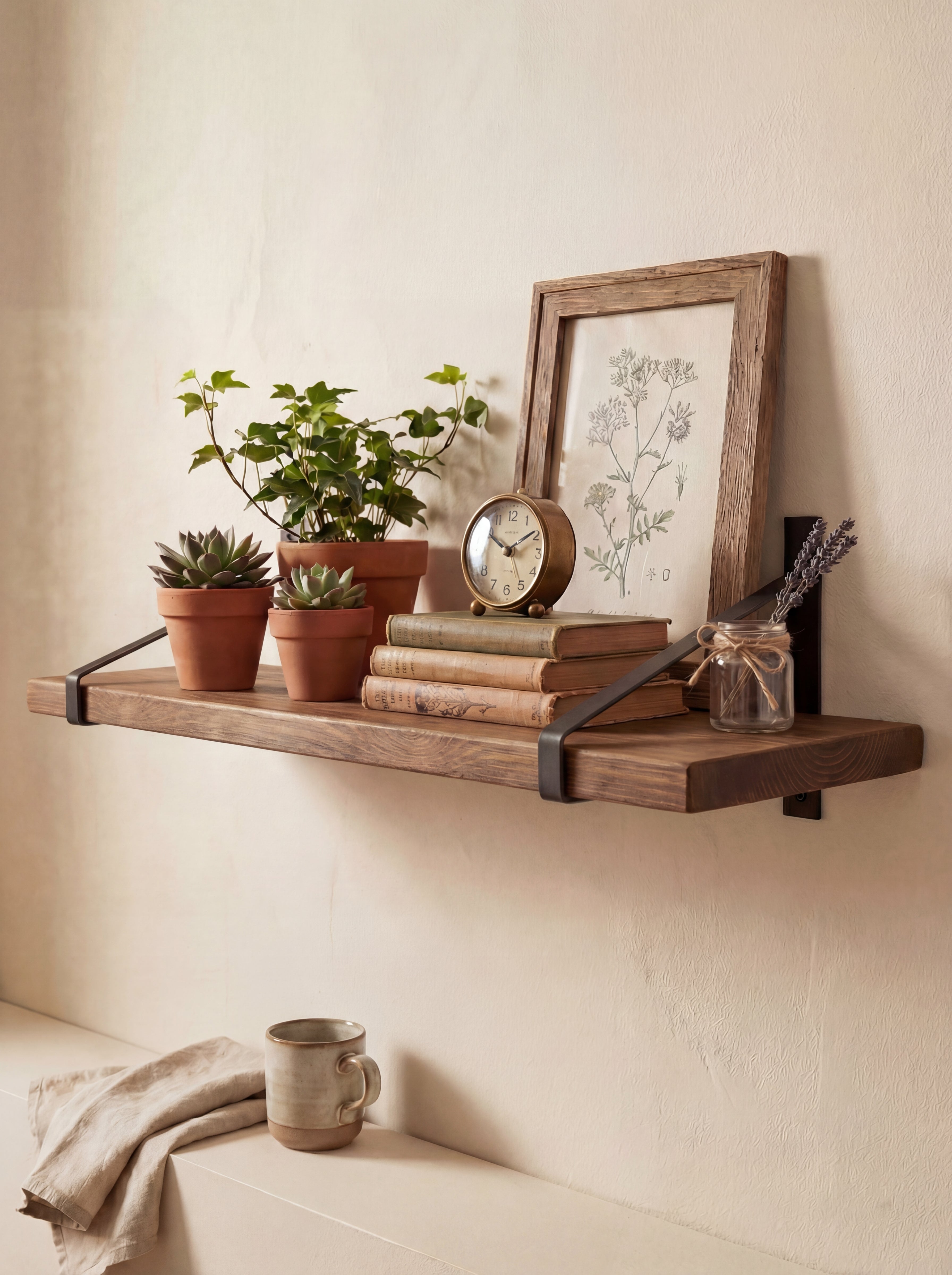 Armstrong Rustic Wooden Shelf with Brackets - 22cm x 3.5cm - Bracketed Shelves