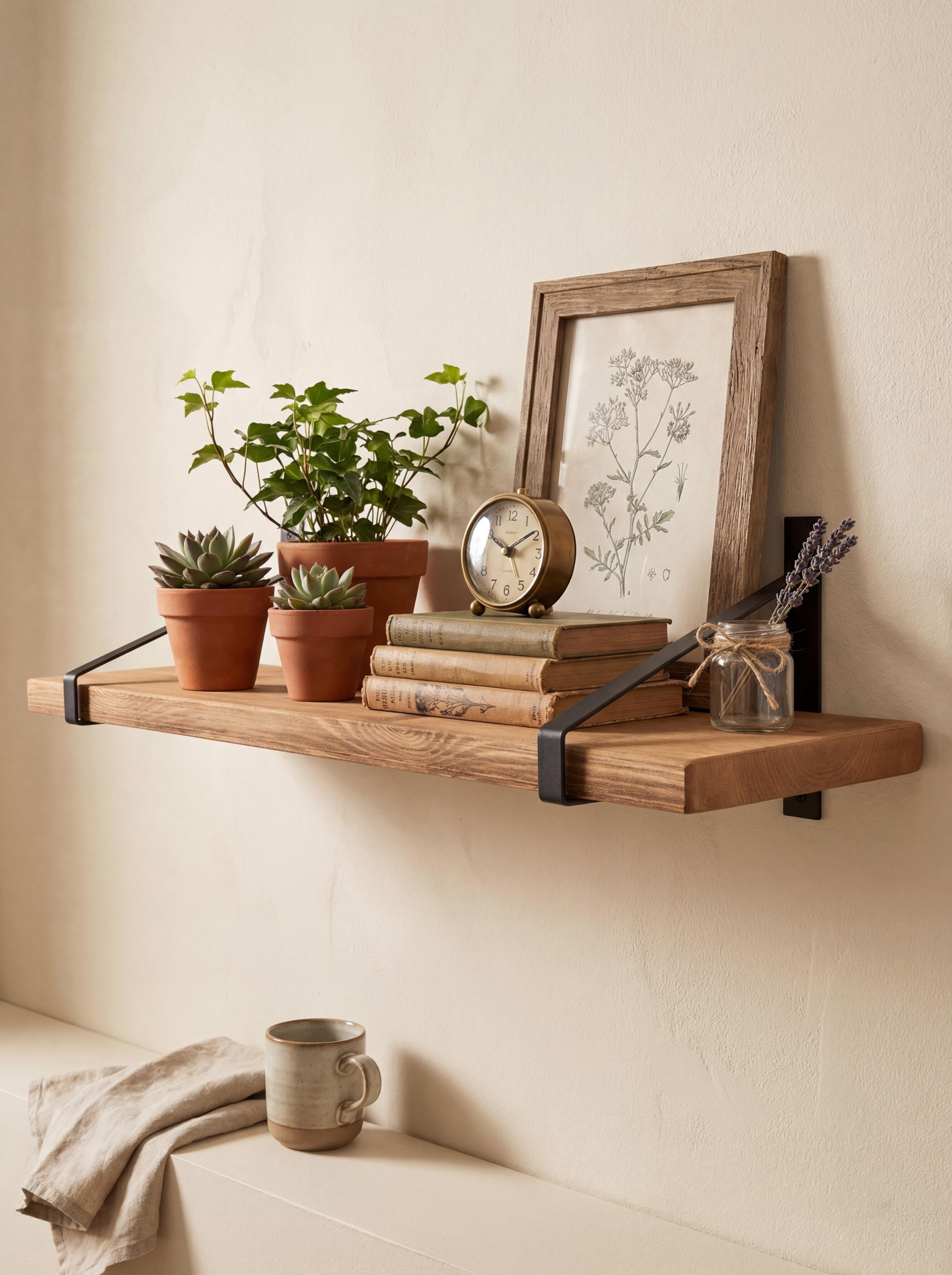 Armstrong Rustic Wooden Shelf with Brackets - 22cm x 3.5cm - Bracketed Shelves