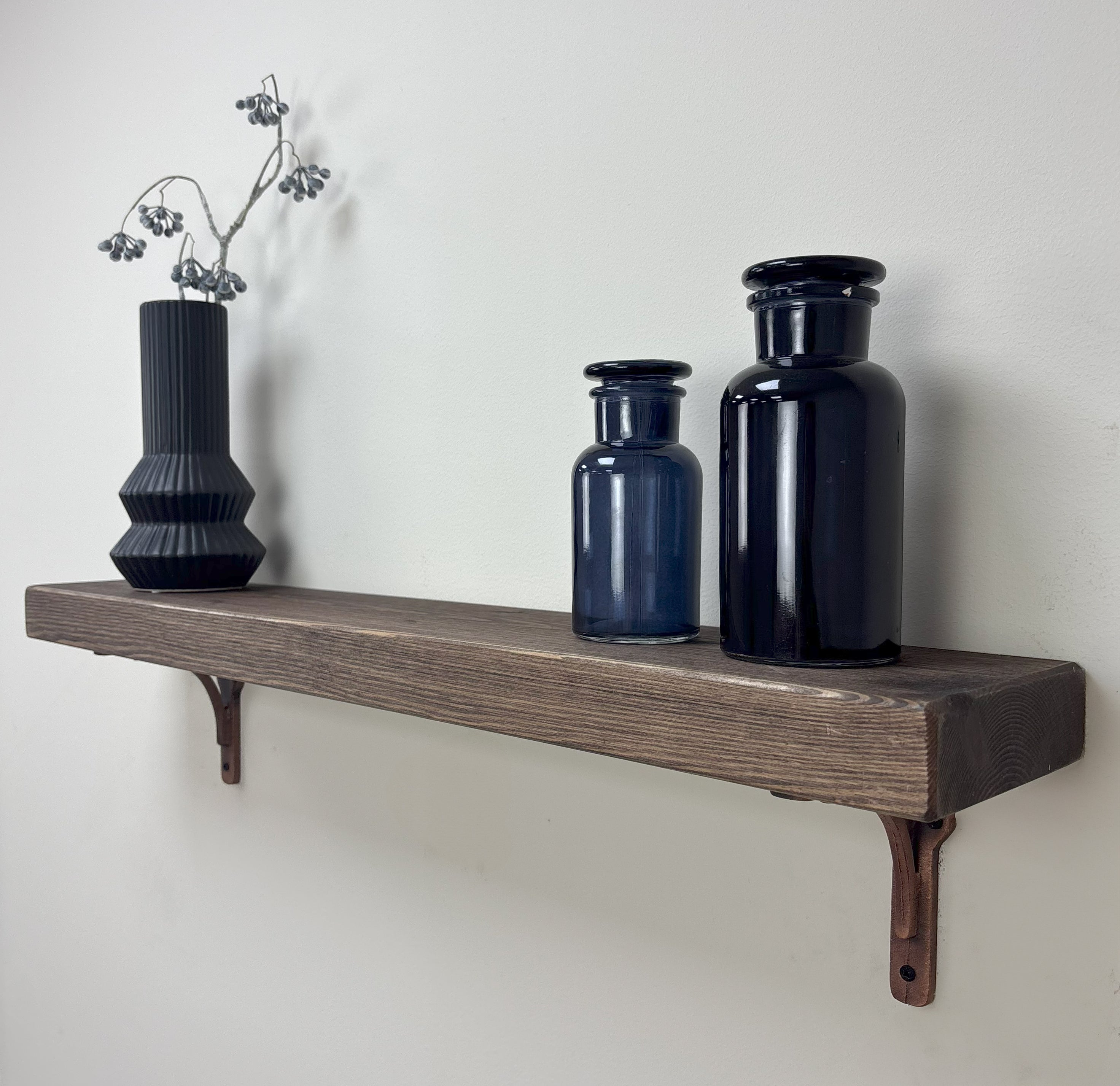 Birtley Copper Rustic Wooden Shelf with Brackets - 14.5cm x 4.5cm - walnut