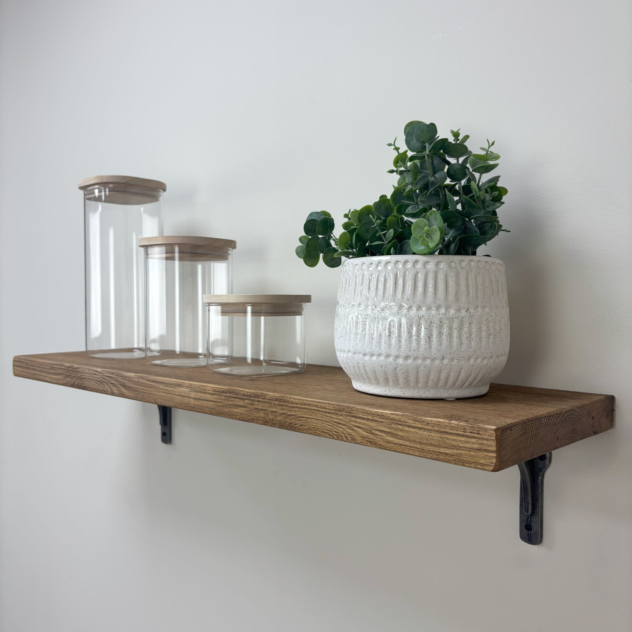 Birtley Iron Rustic Wooden Shelf with Brackets - 22cm x 3.5cm - medium oak