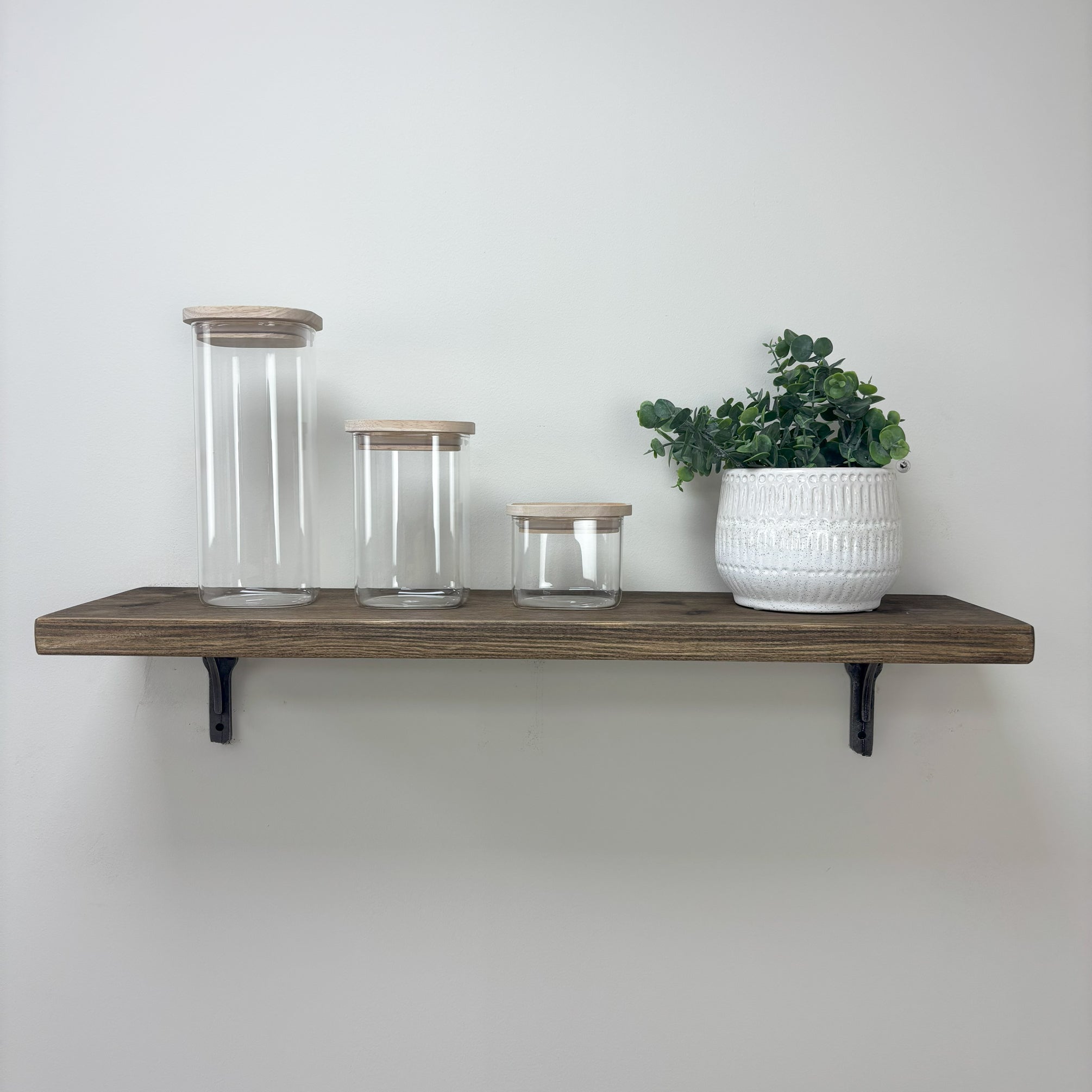 Birtley Iron Rustic Wooden Shelf with Brackets - 22cm x 3.5cm - smoke pine