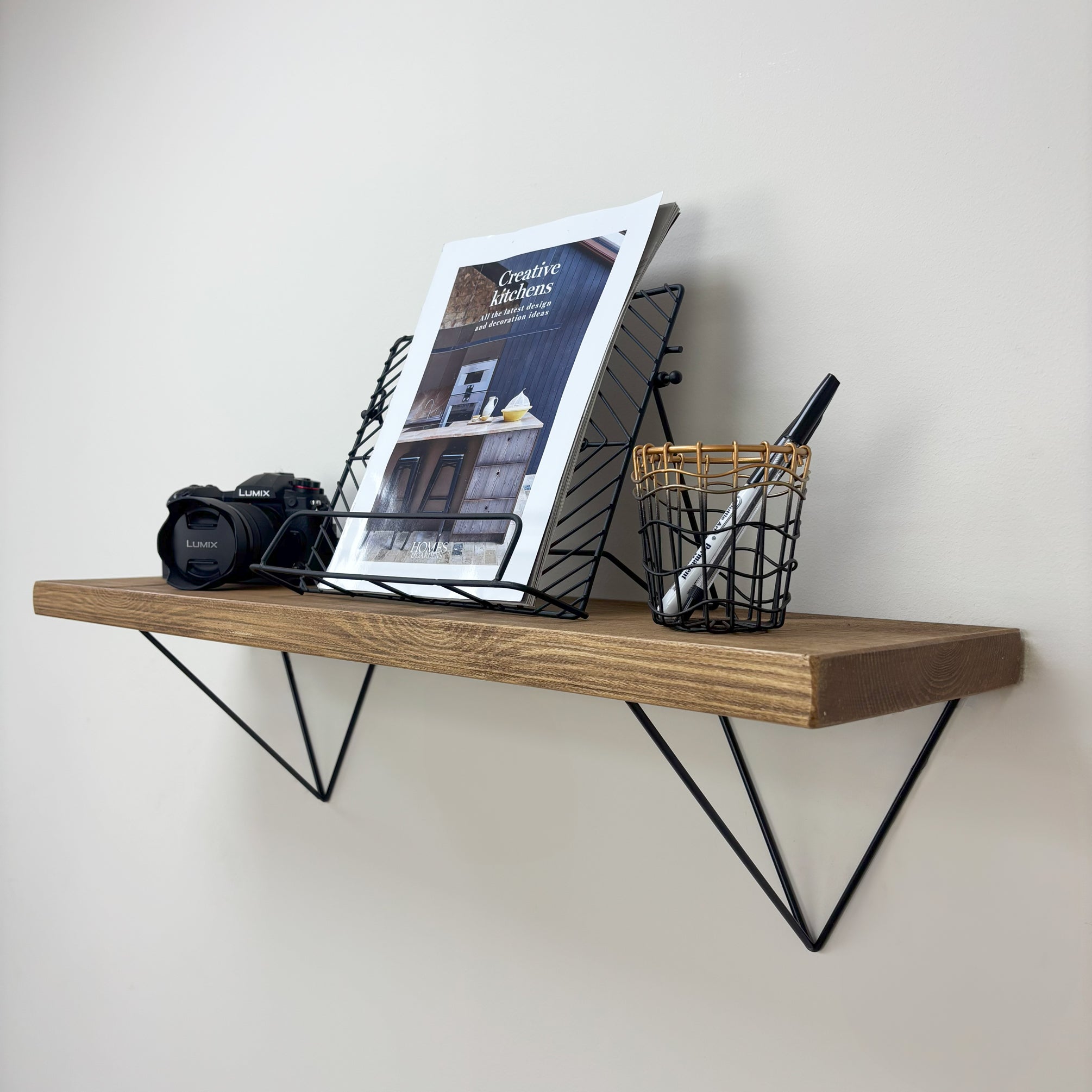 Bowes Rustic Wooden Shelf with Black Metal Brackets - 22cm x 3.5cm