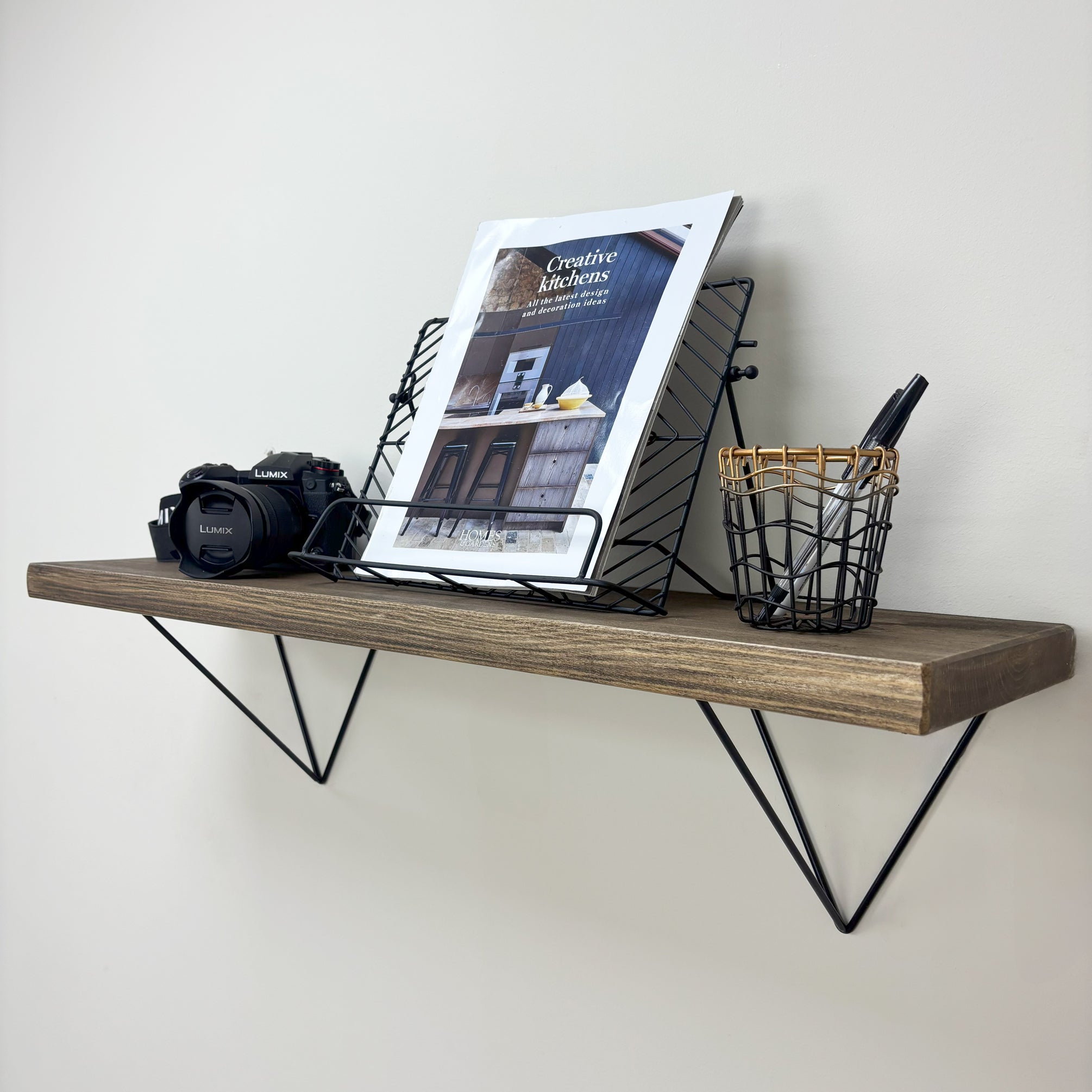 Bowes Rustic Wooden Shelf with Black Metal Brackets - 22cm x 3.5cm