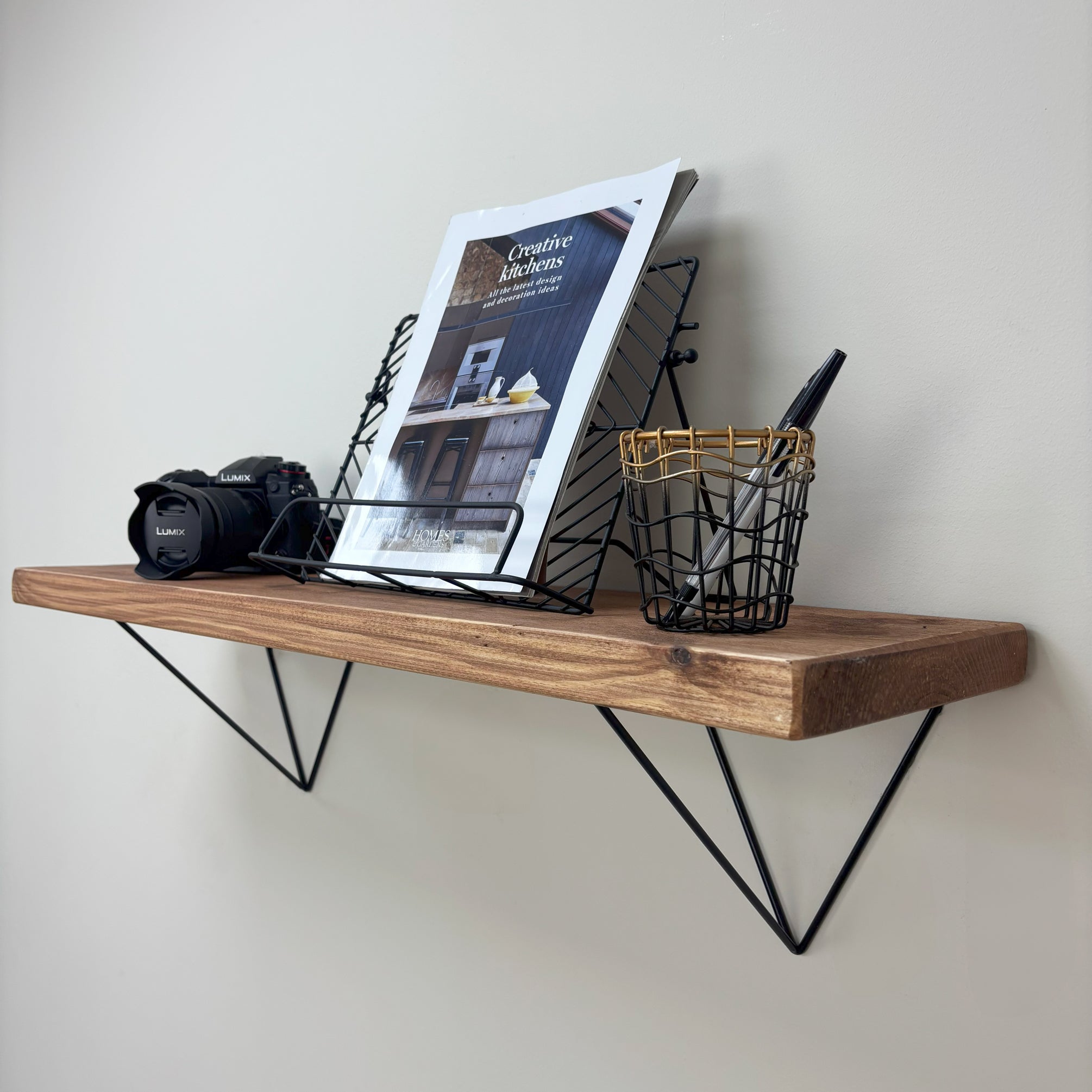 Bowes Rustic Wooden Shelf with Black Metal Brackets - 22cm x 3.5cm