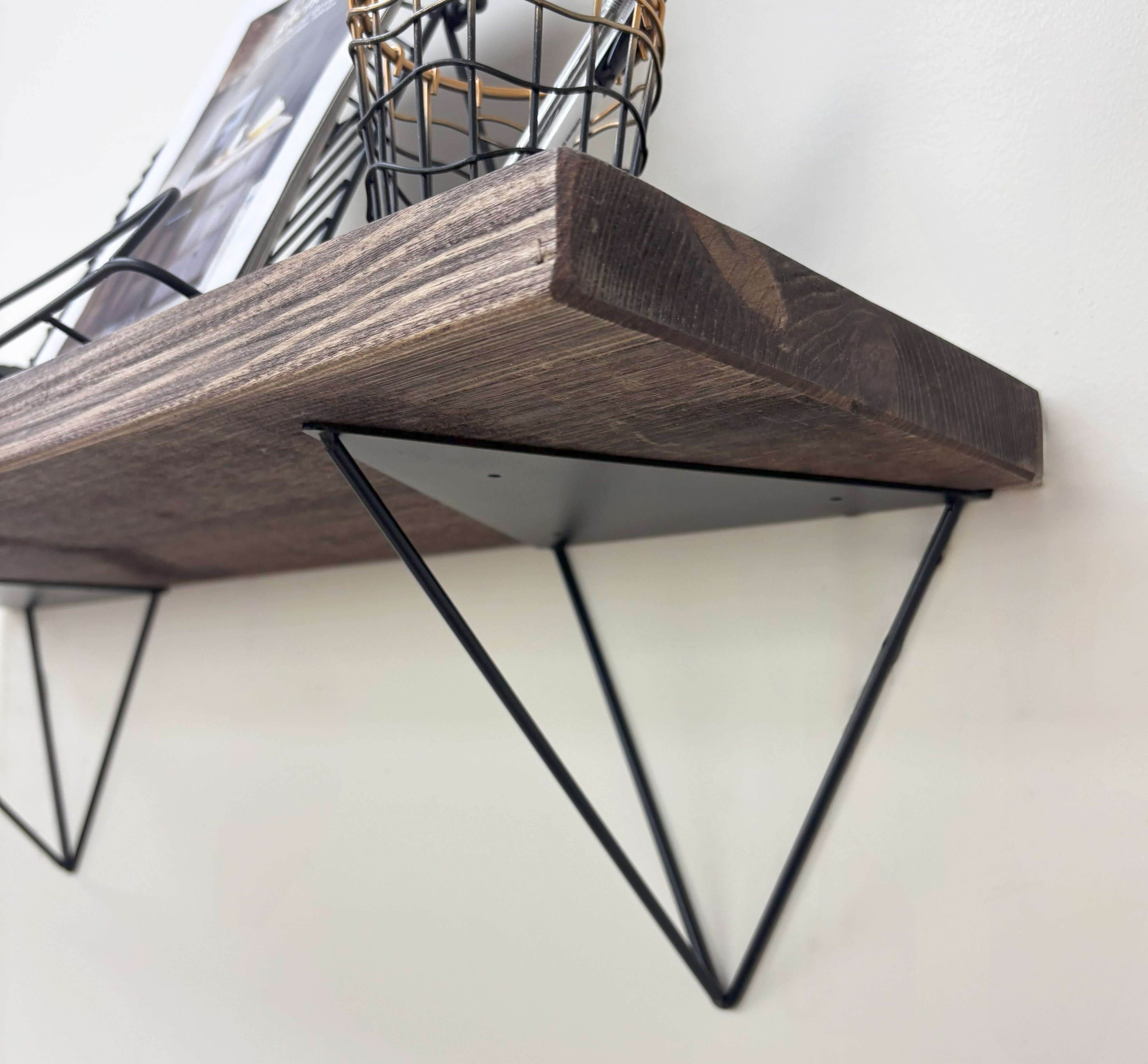 Bowes Rustic Wooden Shelf with Black Metal Brackets - 22cm x 3.5cm