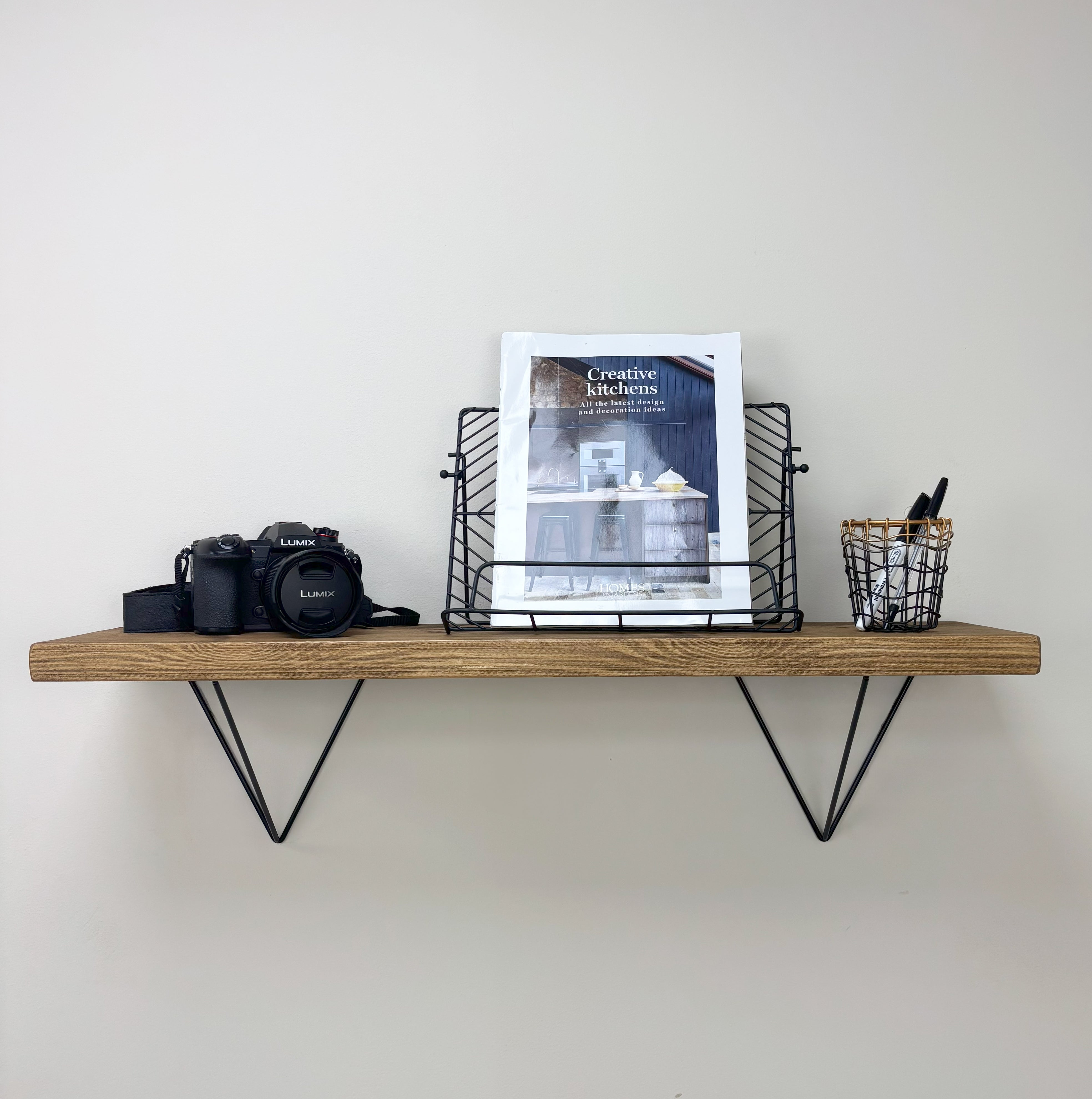 Bowes Rustic Wooden Shelf with Black Metal Brackets - 22cm x 3.5cm