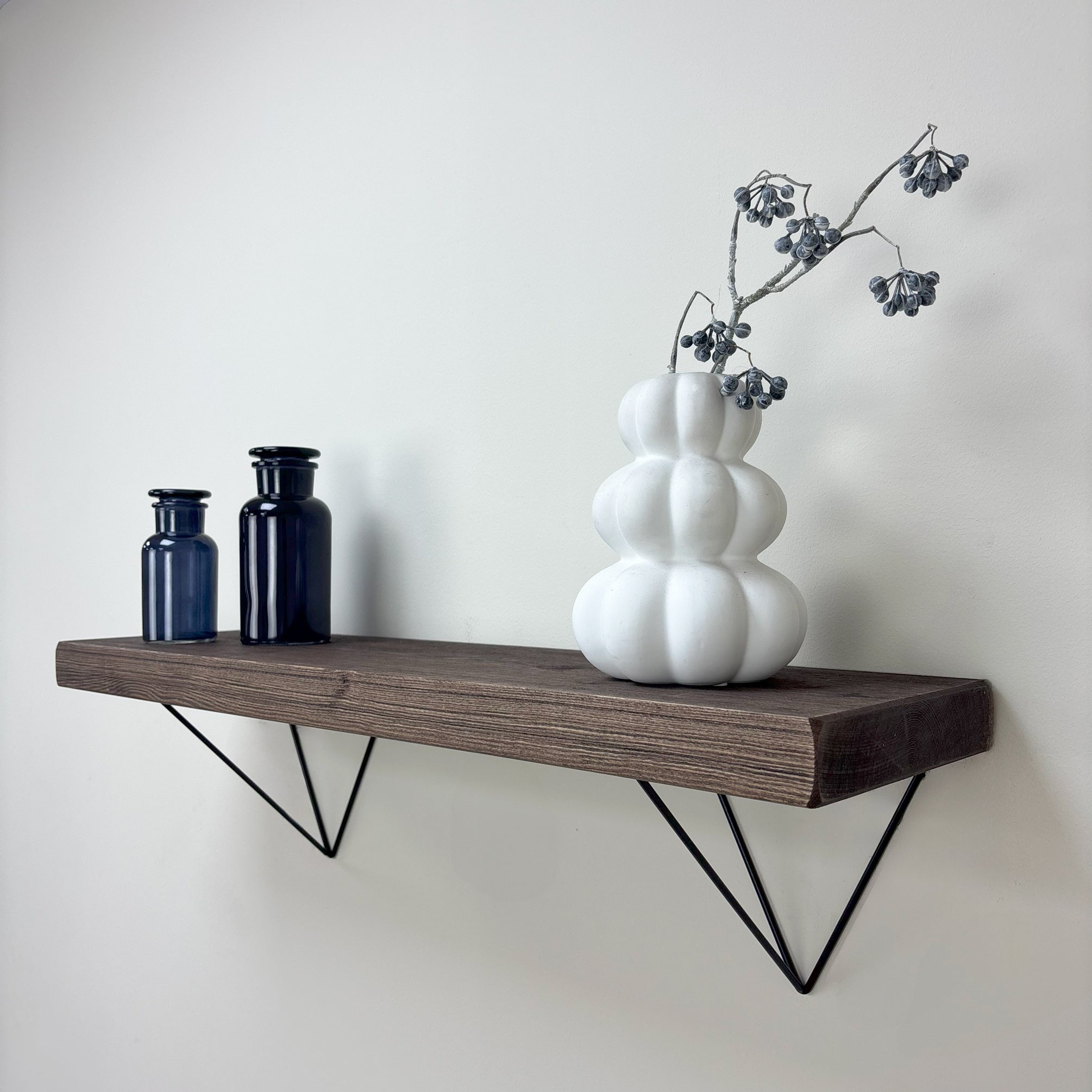 Bowes Rustic Wooden Shelf with Black Metal Brackets - 22cm x 4.5cm - walnut