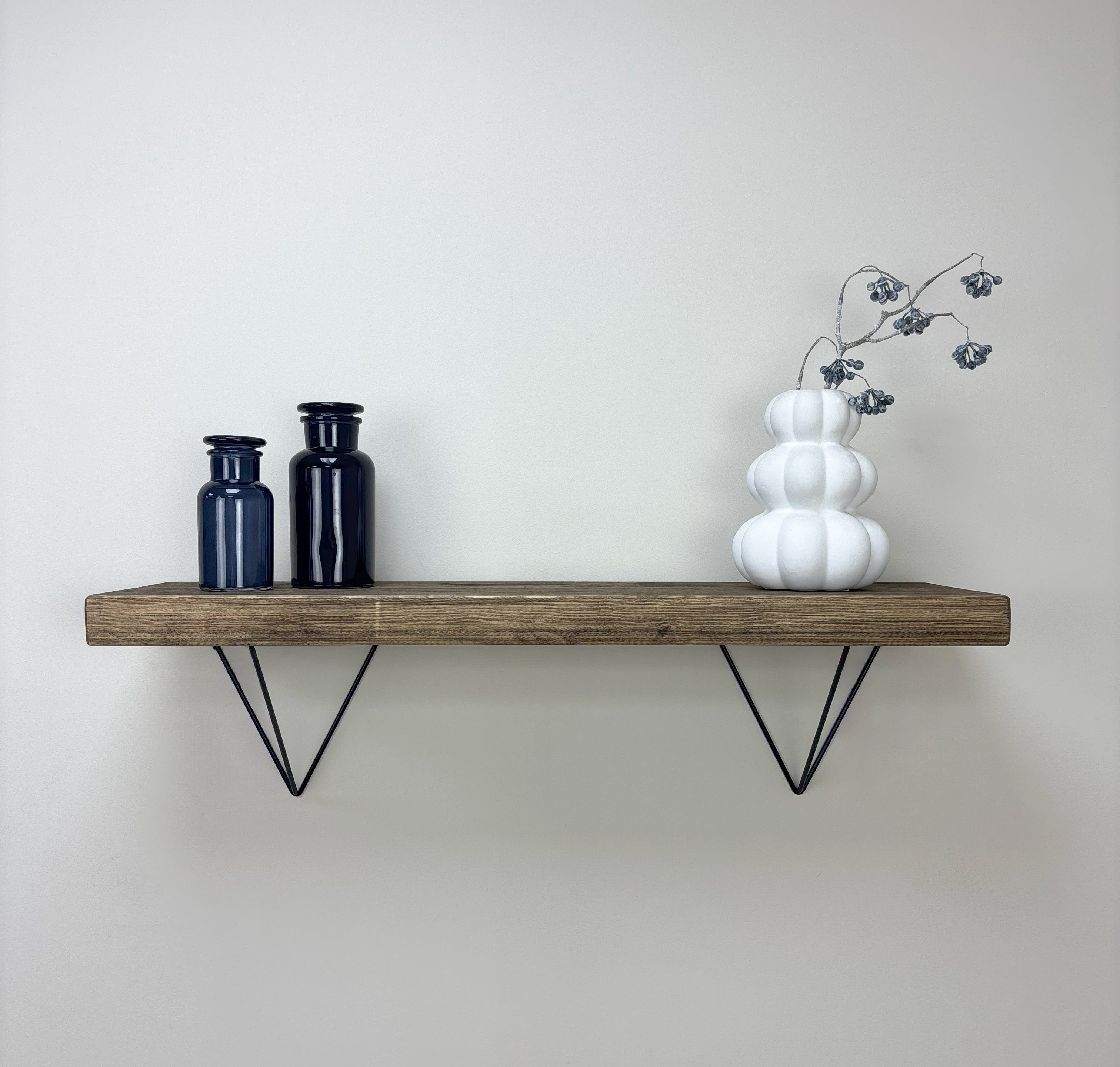 Bowes Rustic Wooden Shelf with Black Metal Brackets - 22cm x 4.5cm - smoke pine