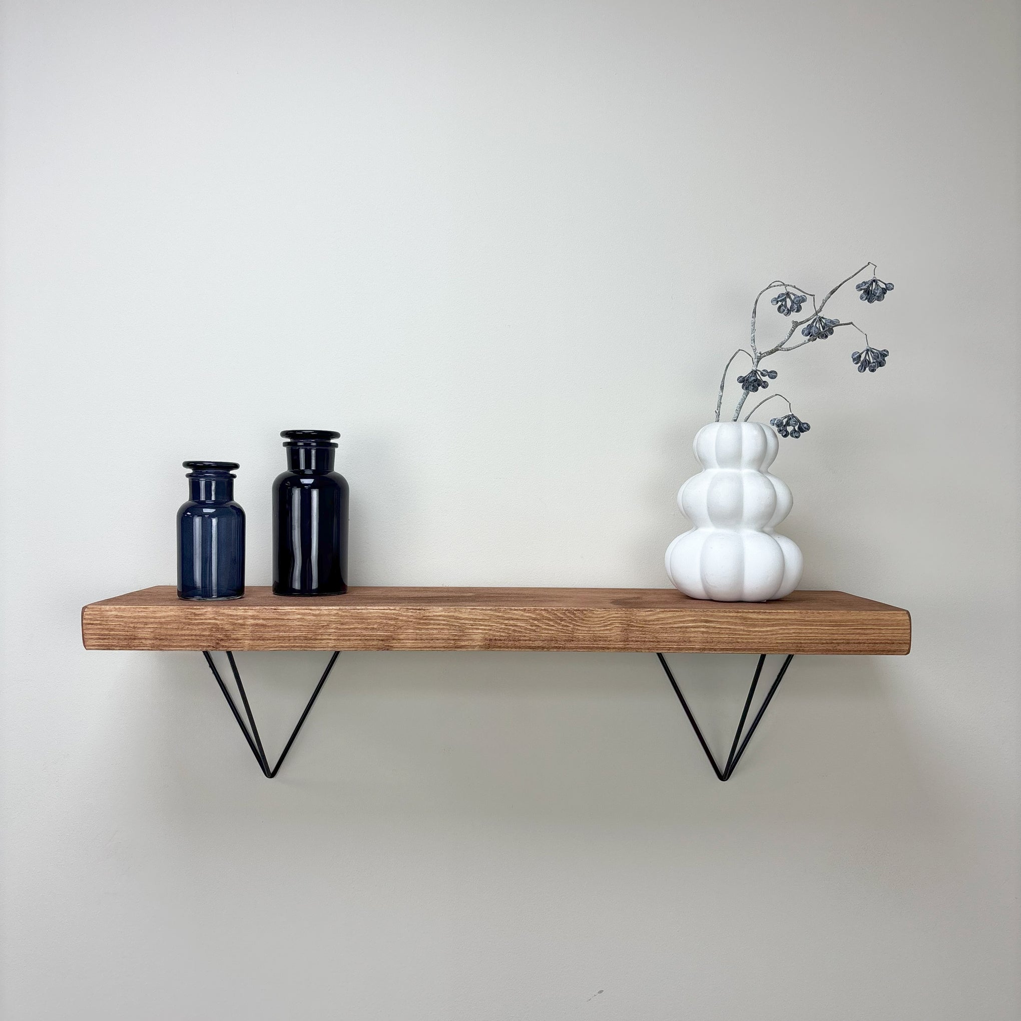 Bowes Rustic Wooden Shelf with Black Metal Brackets - 22cm x 4.5cm - teak