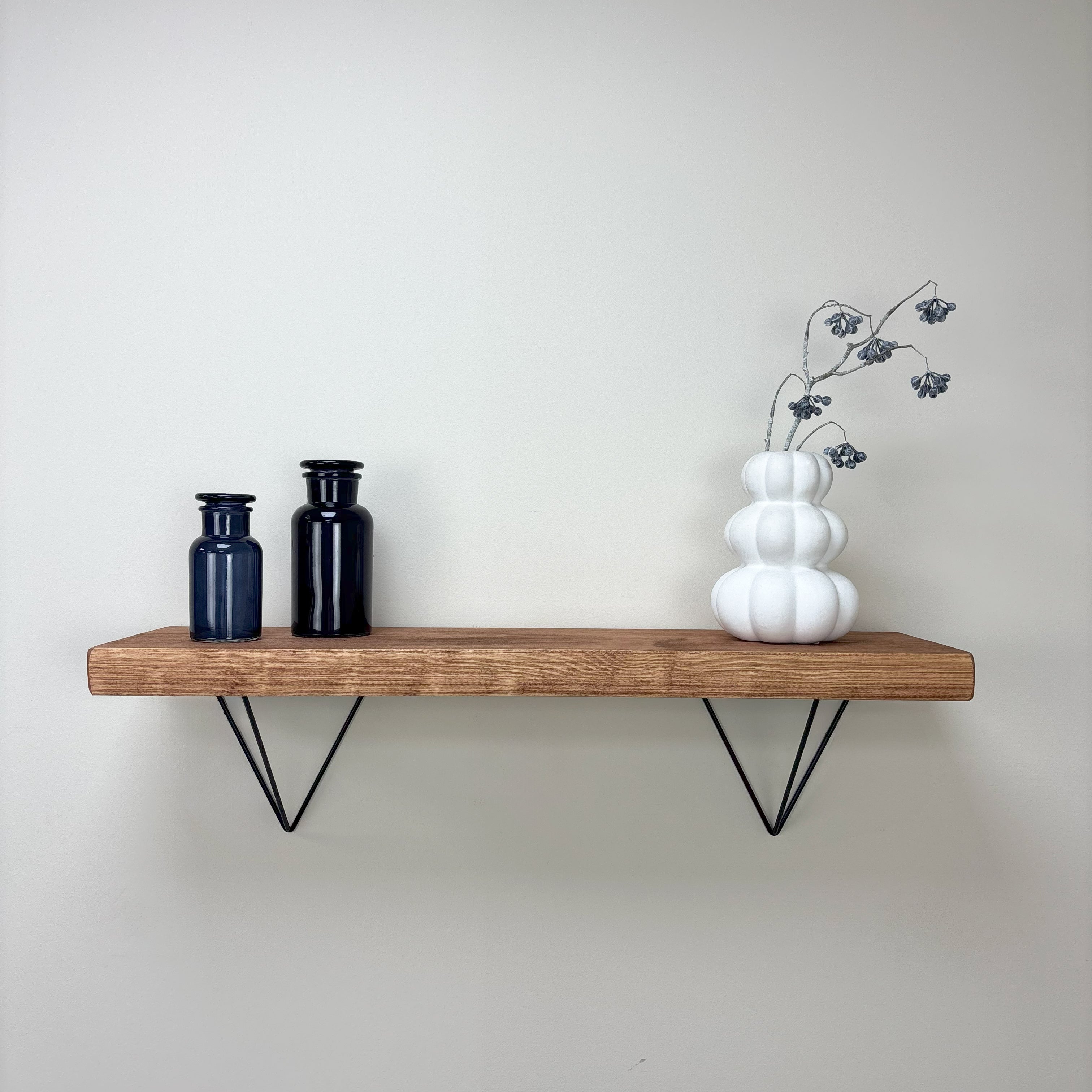 Bowes Rustic Wooden Shelf with Black Metal Brackets - 22cm x 4.5cm - teak