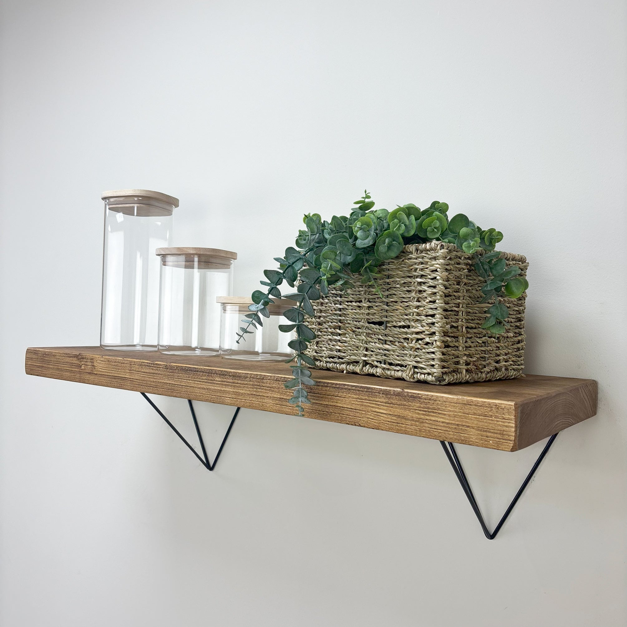 Bowes Rustic Wooden Shelf with Black Metal Brackets - 29cm x 4.5cm - medium oak