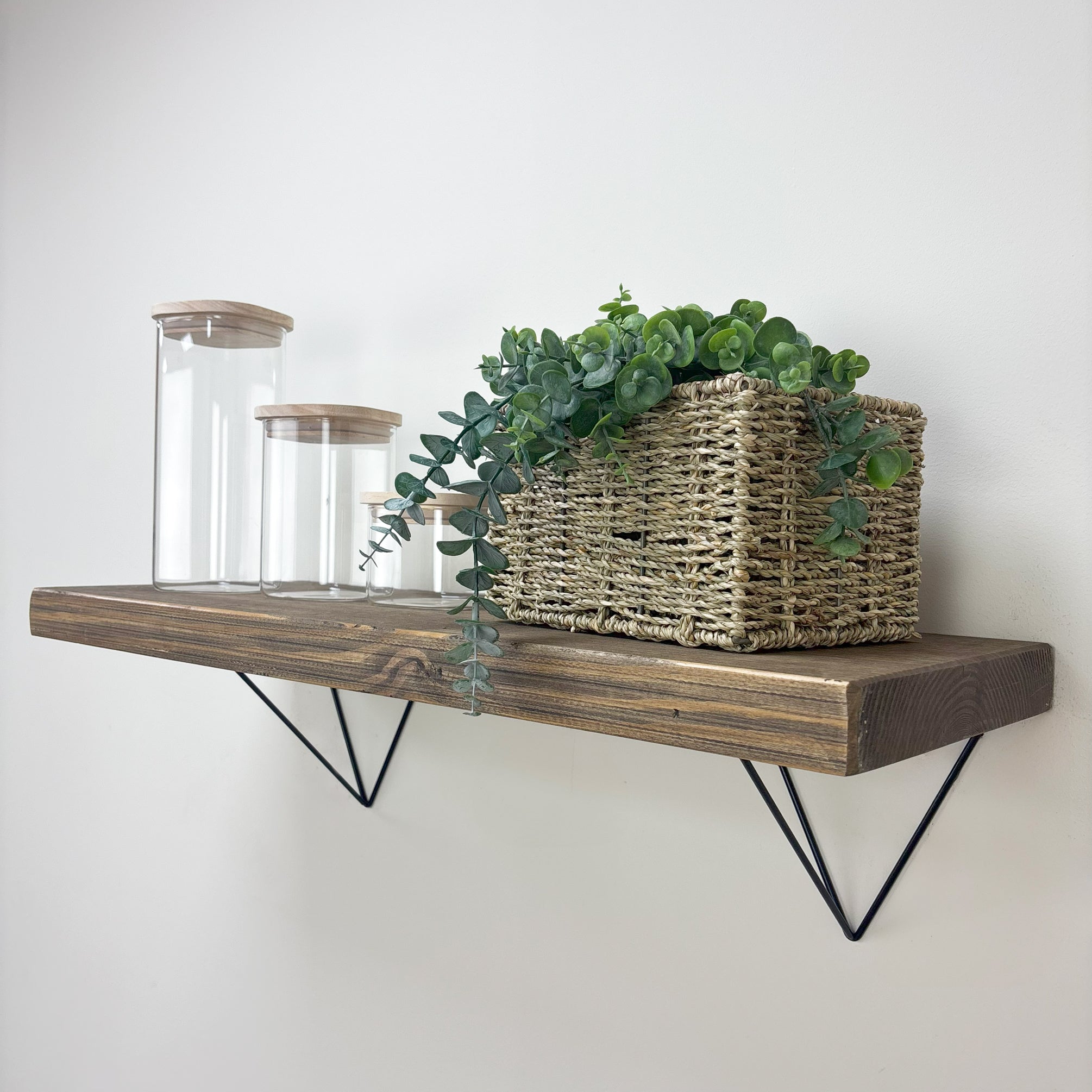 Bowes Rustic Wooden Shelf with Black Metal Brackets - 29cm x 4.5cm - smoke pine