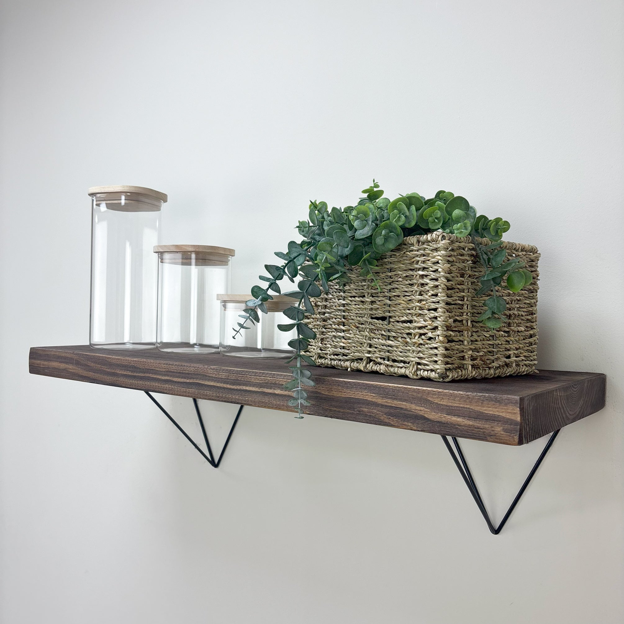 Bowes Rustic Wooden Shelf with Black Metal Brackets - 29cm x 4.5cm - walnut