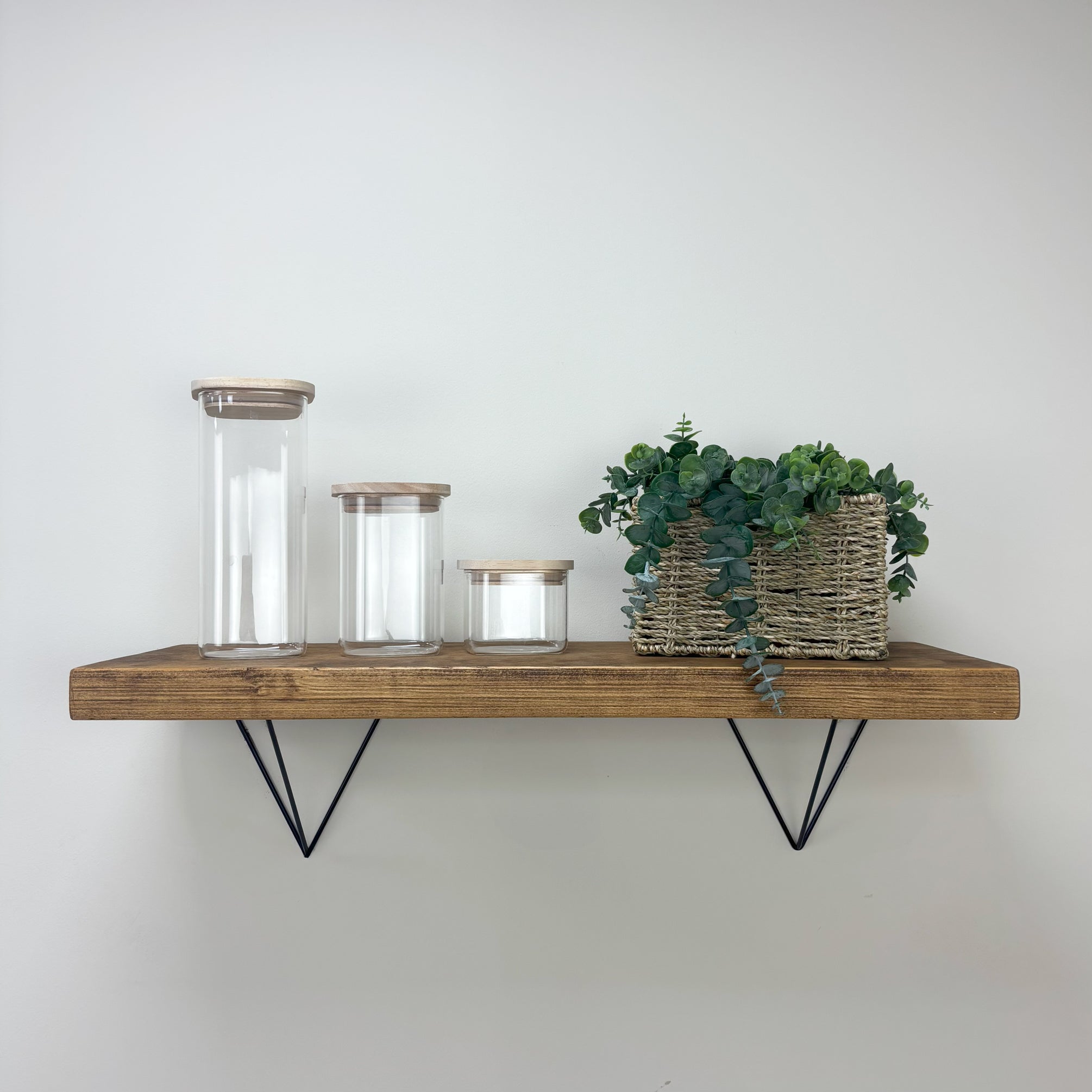 Bowes Rustic Wooden Shelf with Black Metal Brackets - 29cm x 4.5cm - medium oak