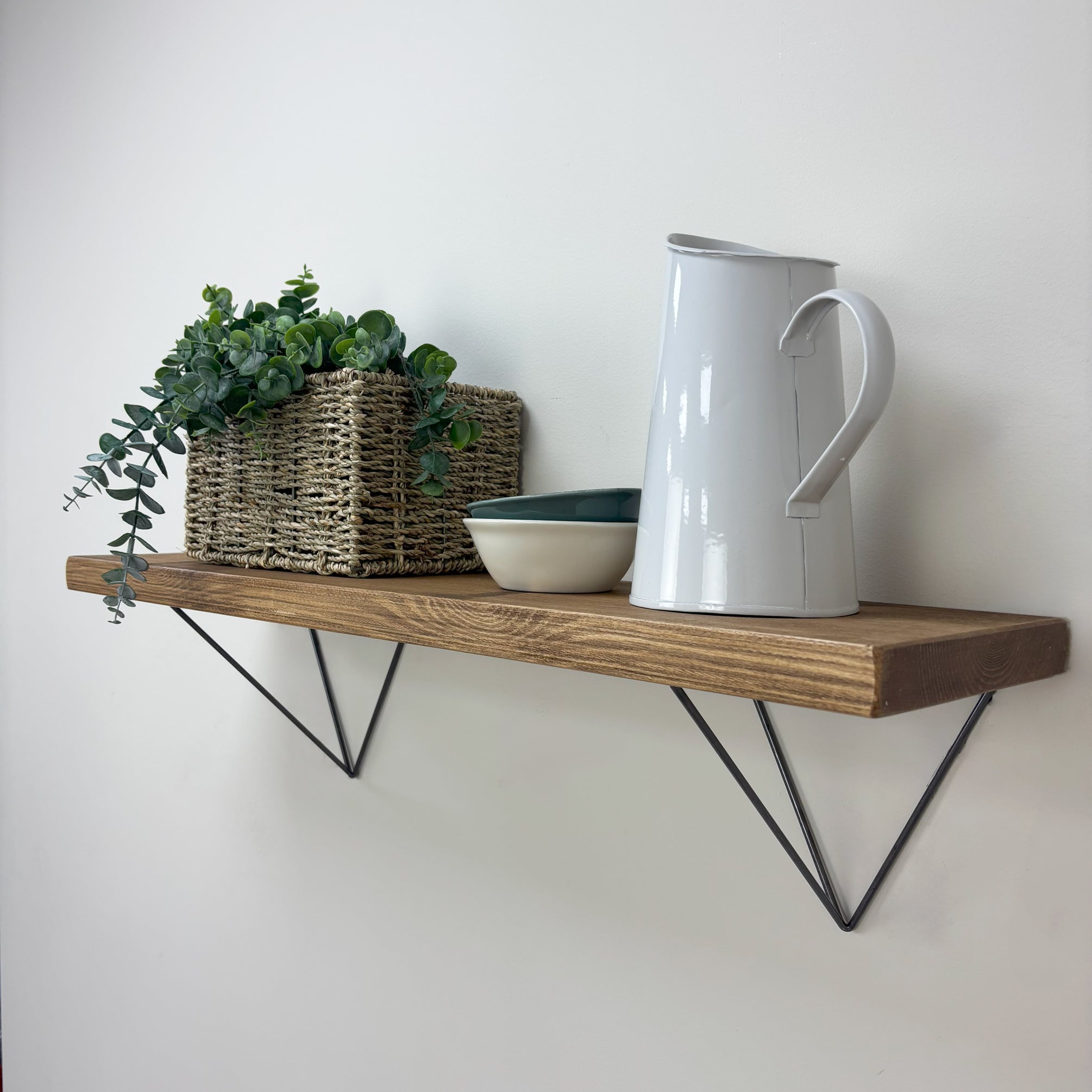 Bowes Rustic Wooden Shelf with Raw Steel Brackets - 22cm x 3.5cm - Medium Oak