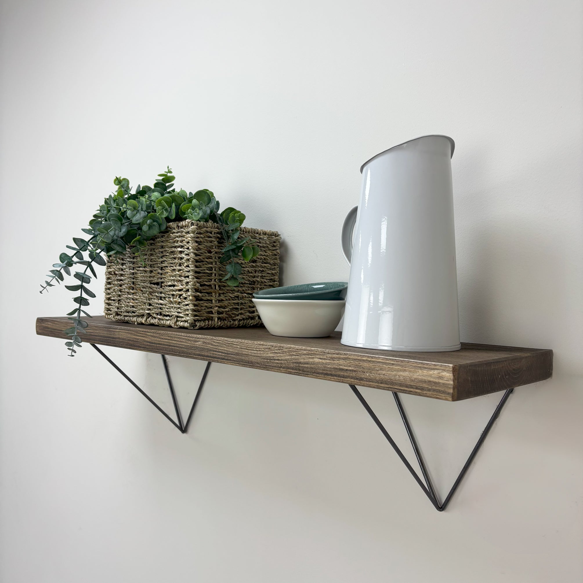Bowes Rustic Wooden Shelf with Raw Steel Brackets - 22cm x 3.5cm - Smoke Pine