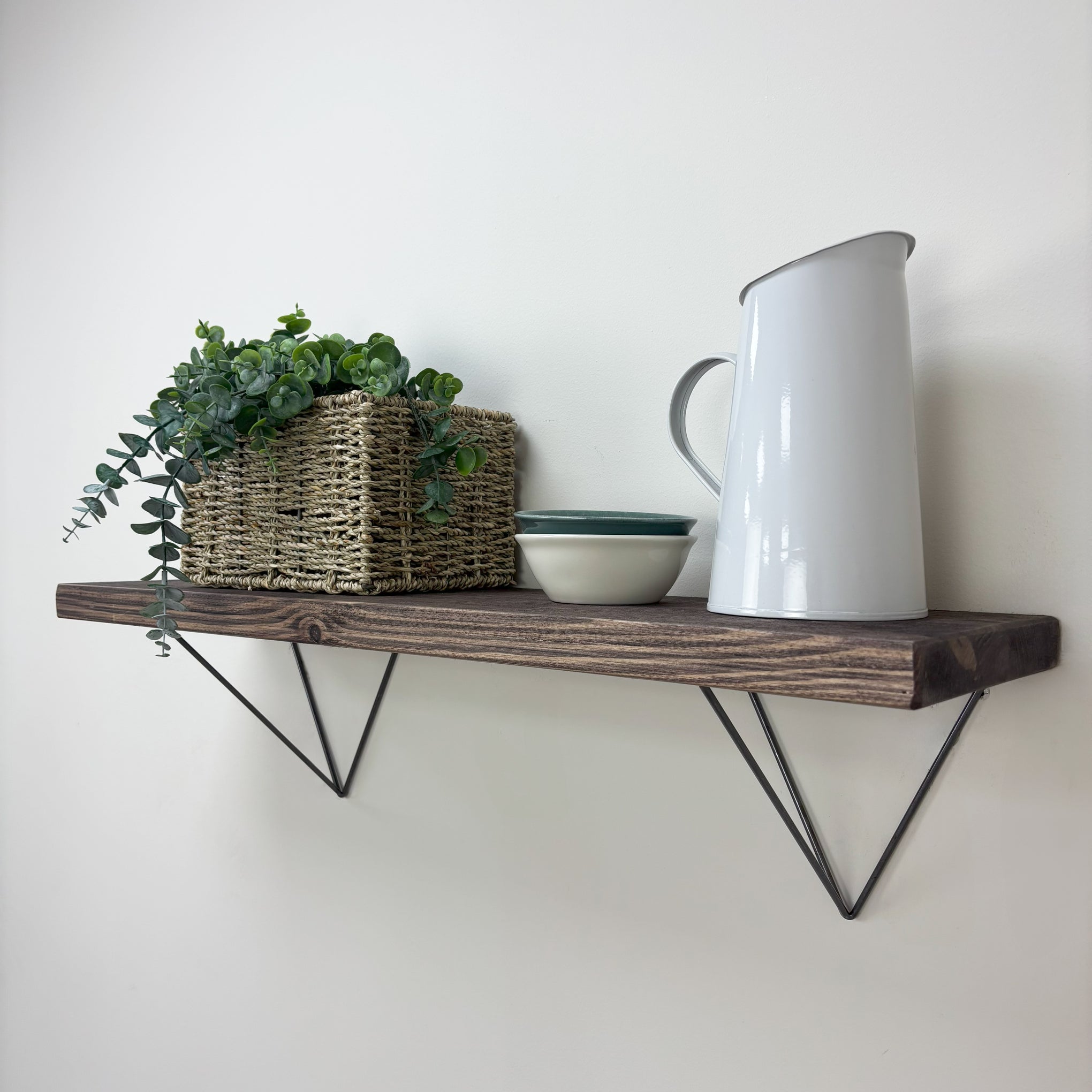 Bowes Rustic Wooden Shelf with Raw Steel Brackets - 22cm x 3.5cm - Walnut