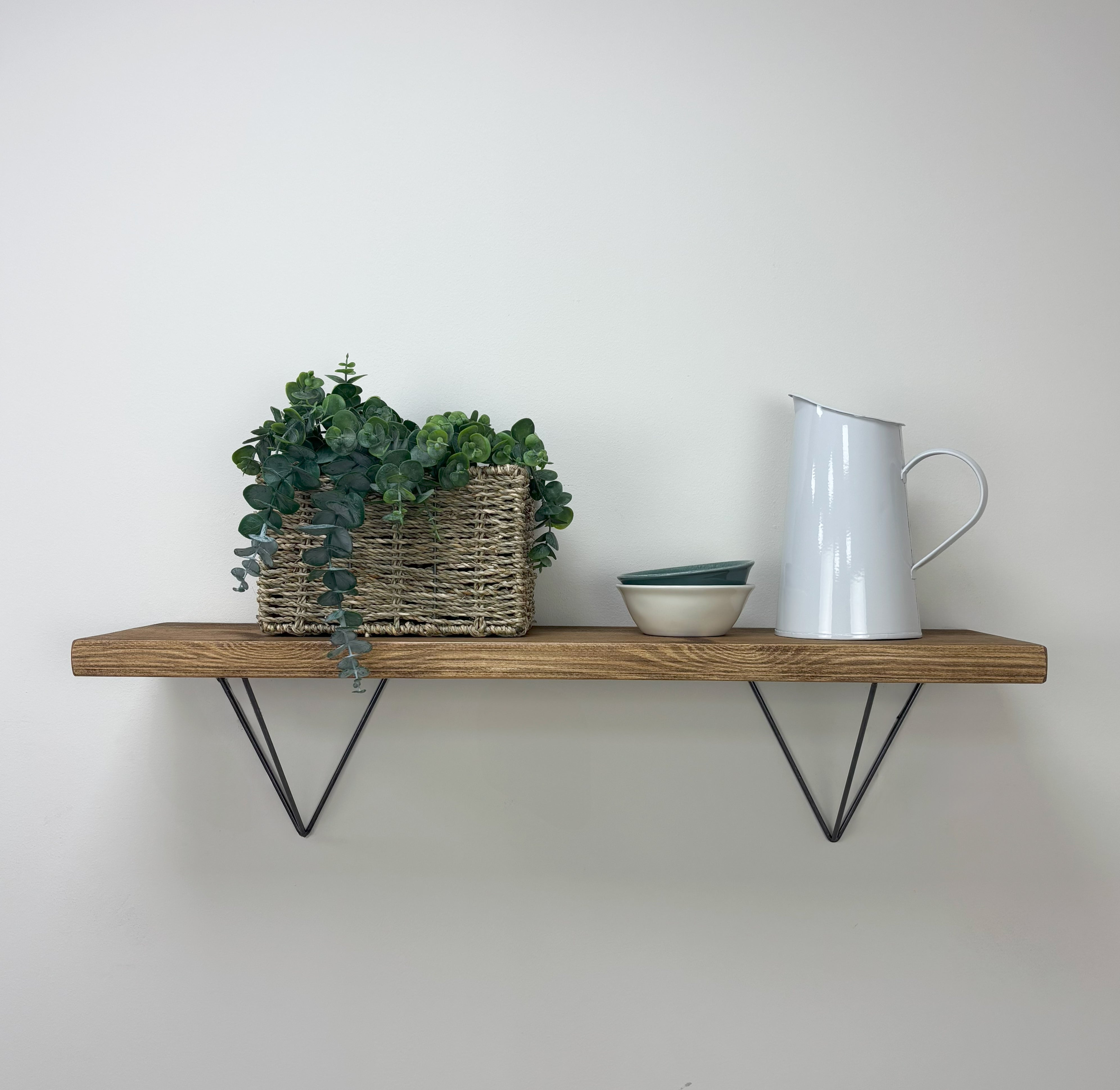Bowes Rustic Wooden Shelf with Raw Steel Brackets - 22cm x 3.5cm - Medium Oak