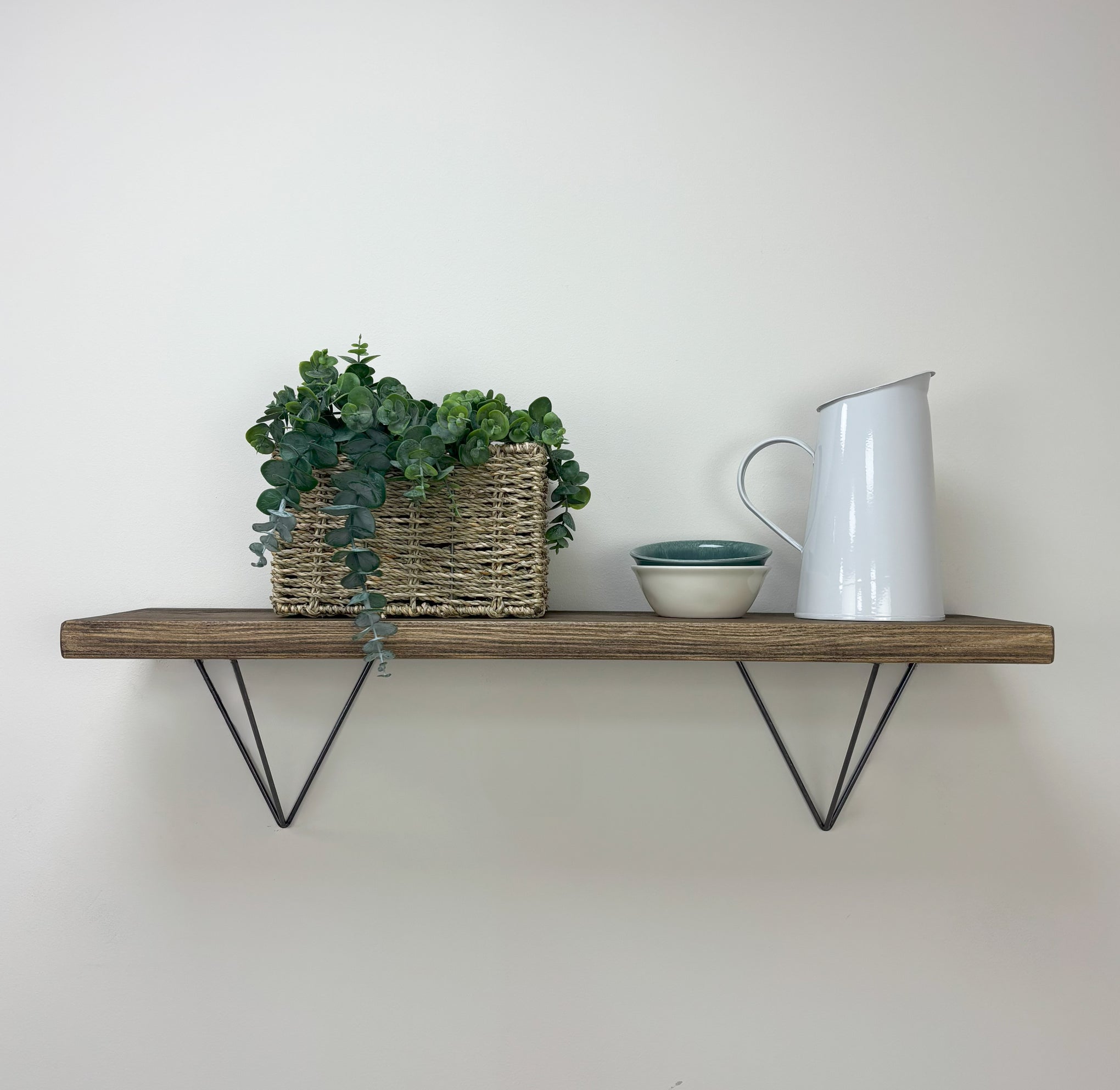 Bowes Rustic Wooden Shelf with Raw Steel Brackets - 22cm x 3.5cm - Smoke Pine
