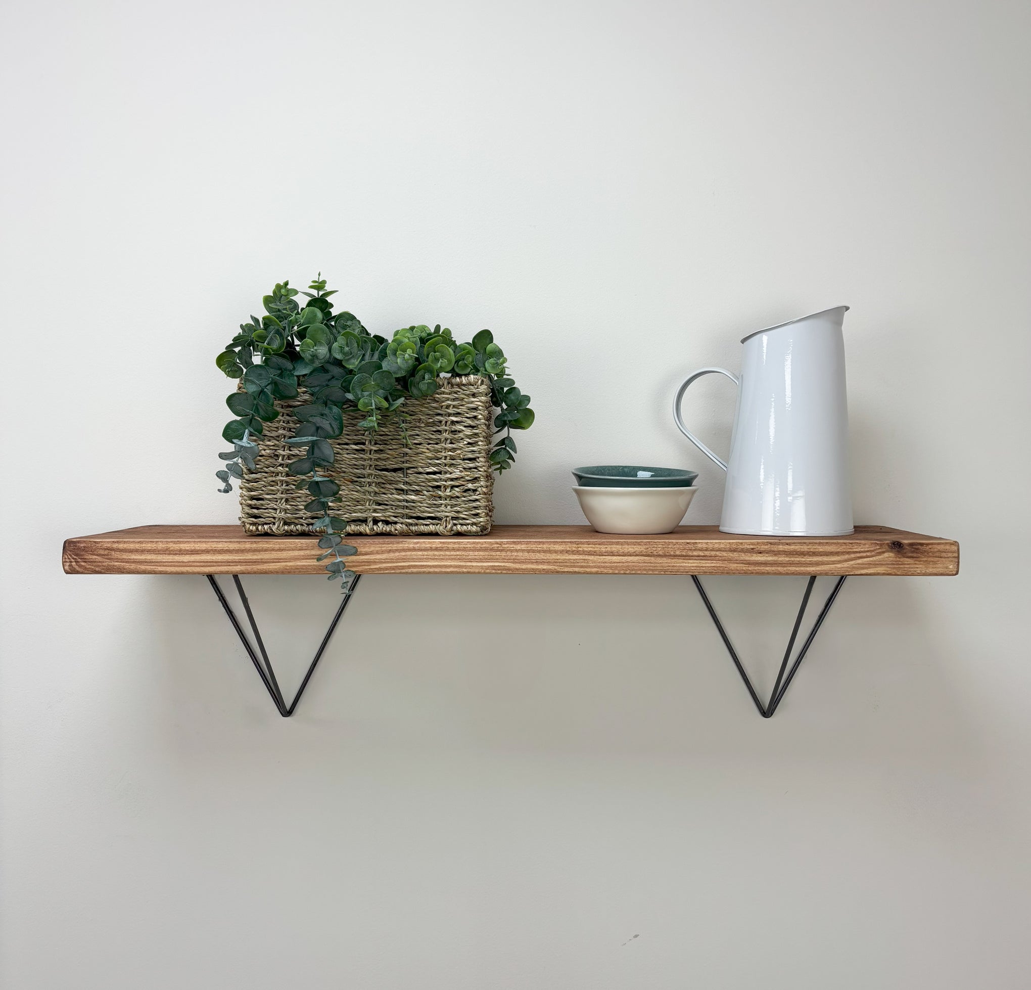 Bowes Rustic Wooden Shelf with Raw Steel Brackets - 22cm x 3.5cm - Teak