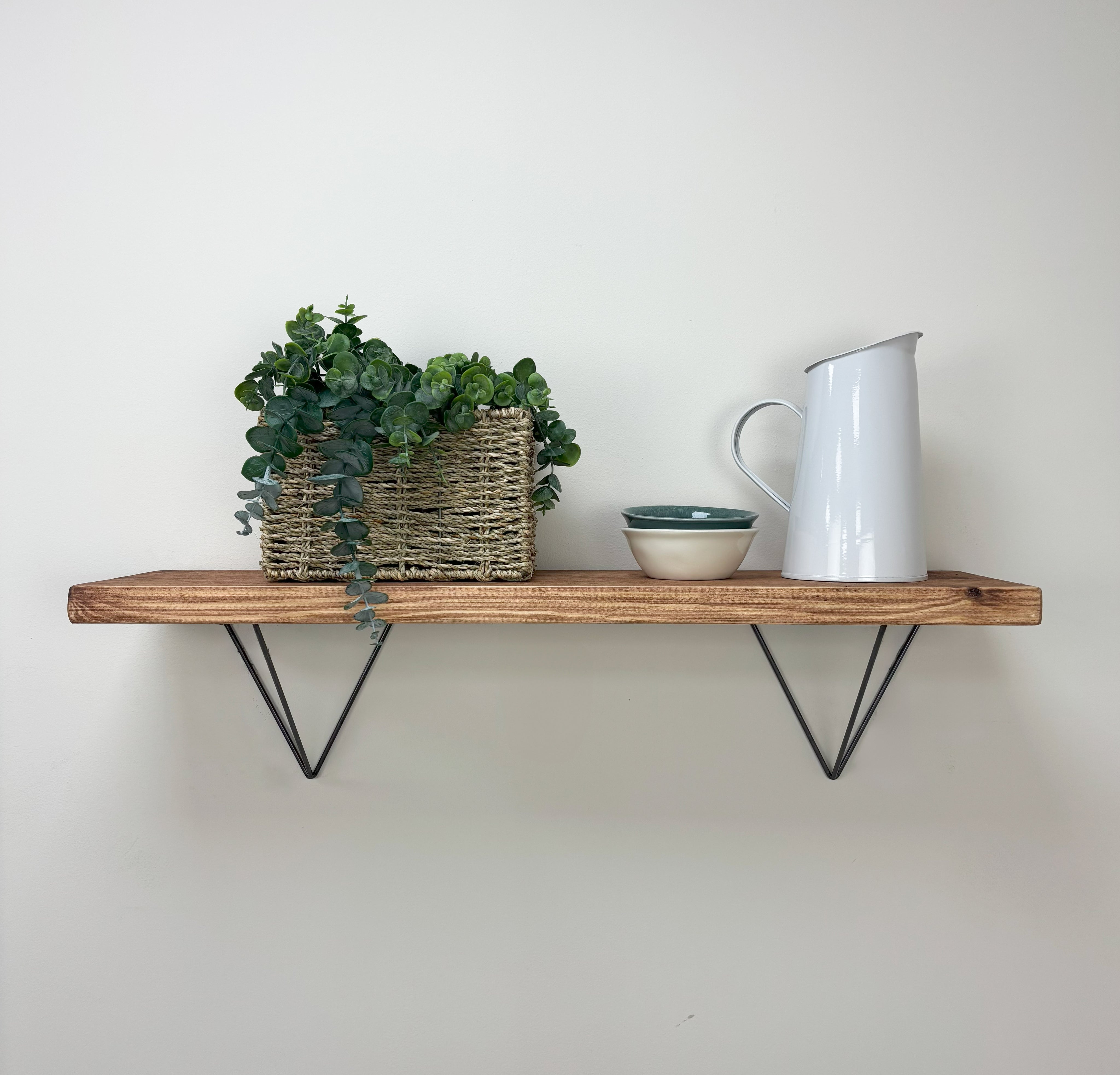 Bowes Rustic Wooden Shelf with Raw Steel Brackets - 22cm x 3.5cm - Teak