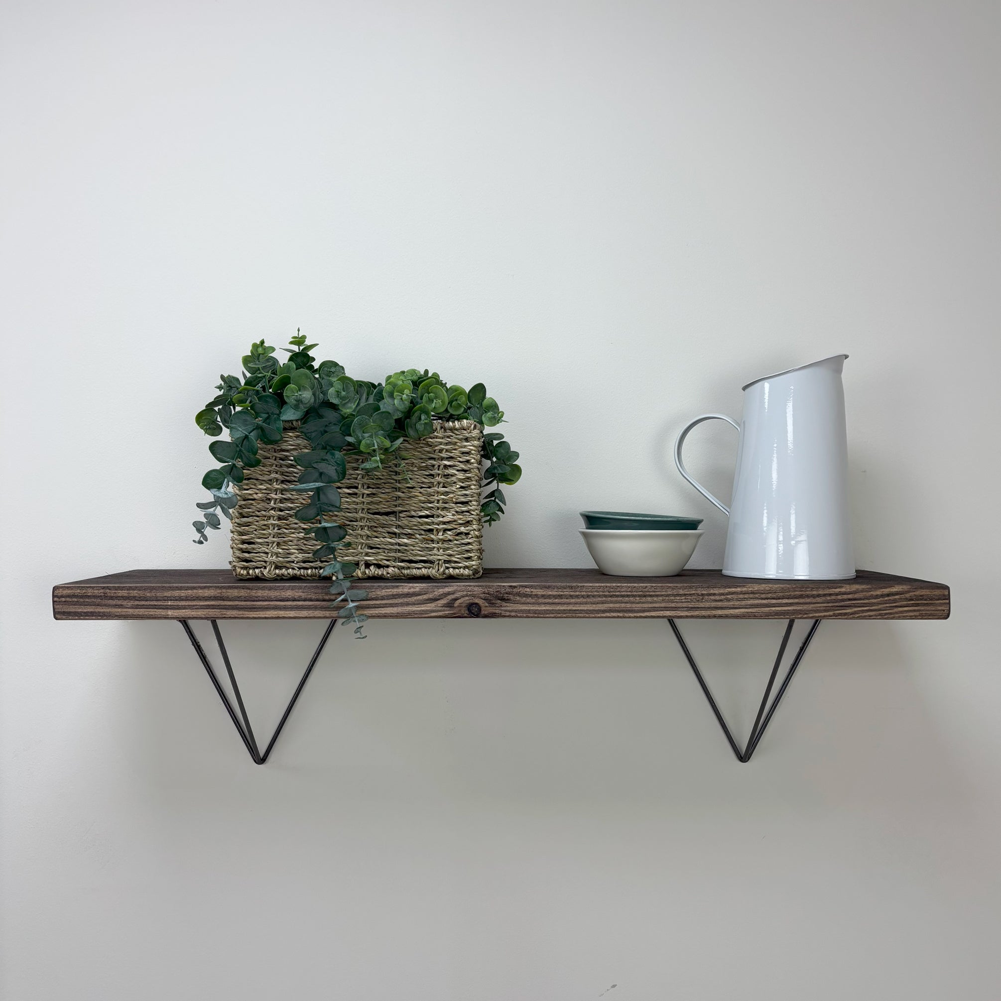 Bowes Rustic Wooden Shelf with Raw Steel Brackets - 22cm x 3.5cm - Walnut